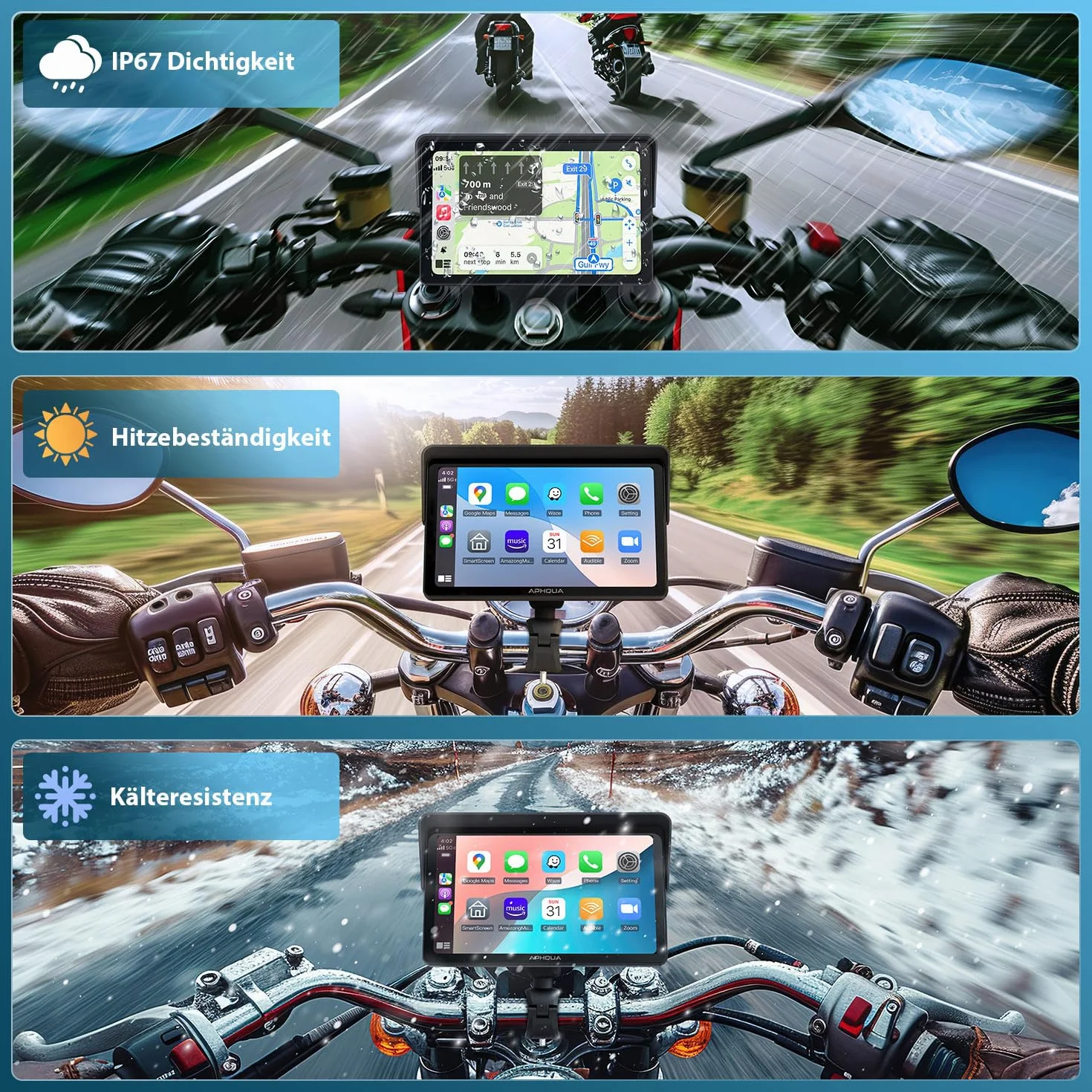 Ekran motocyklowy 7" CarPlay i Android Auto bezprzewodowy – wodoodporny ekran dotykowy IP67 do motocykli z nawigacją GPS, Bluetooth Trans, Siri, zestaw głośnomówiący – Model A722