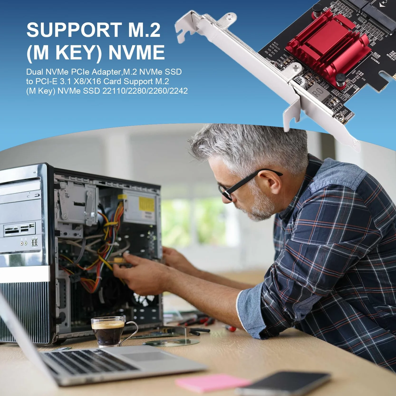 Podwójny adapter NVMe PCI, M.2 NVMe SSD do PCI-E 3.1 X8/X16 obsługa karty M.2 ( M) NVMe SSD 22110/2280/2260/2242