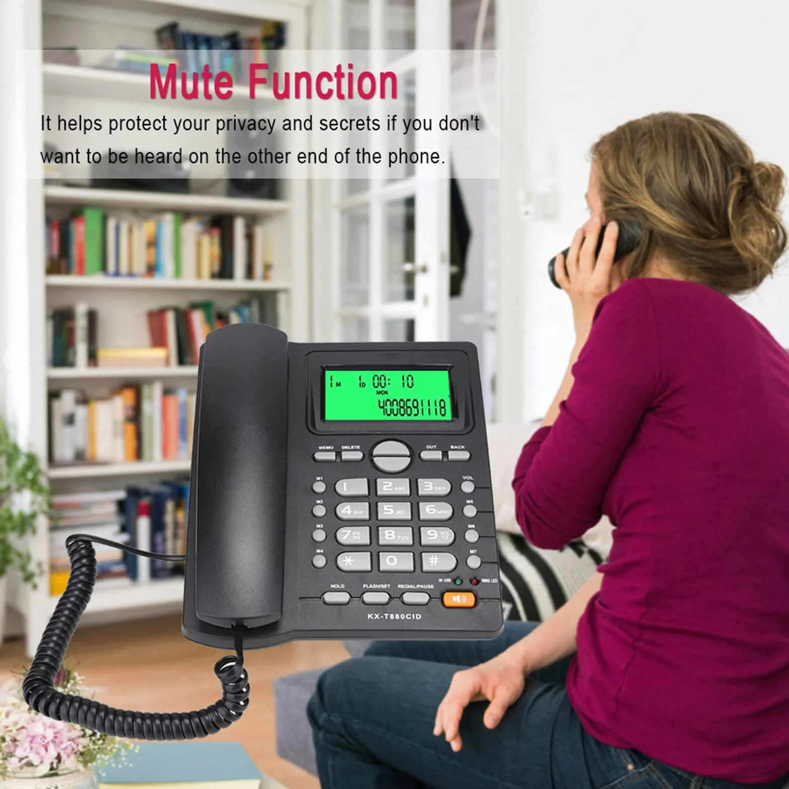 Telefon stacjonarny KX T880C, telefon przewodowy z zestawem głośnomówiącym, identyfikacją dzwoniącego, szybkim wybieraniem i funkcją wyciszenia, telefon z dużym przyciskiem do domowego biura, nie wy