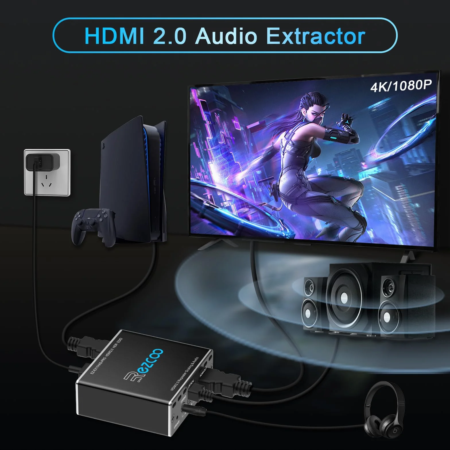 HDMI 4K 60Hz 1080P 120Hz PS5 HDCP 2.2 CEC D-olby Vision HDR, optyczna rozpad SPDIF 5,1CH+3,5 mm stereo L/R Audio Breakout, dekoder audio Dolby Digital Audio, zarządzanie EDID