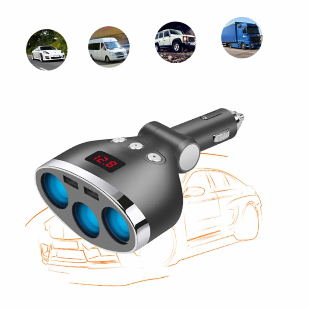 PACKOVE 3kawałki Adapter Samochodowy Gniazdowy z Podwójnym Usb i Wyświetlaczem Napięcia Ładowarka Do Gniazda Zapalniczki Szybkie Ładowanie Dla Telefonów Komórkowych i Czarny