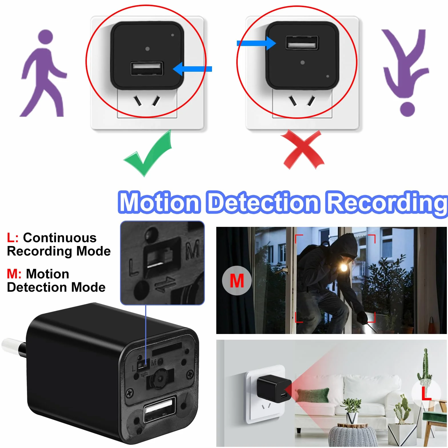 TANGMI Kamera szpiegowska, ładowarka USB / adapter mini ukryta kamera szpiegowska, nagrywanie wideo HD 1080P mikro kamera szpiegowska z wykrywaniem ruchu i nagrywaniem w pętli