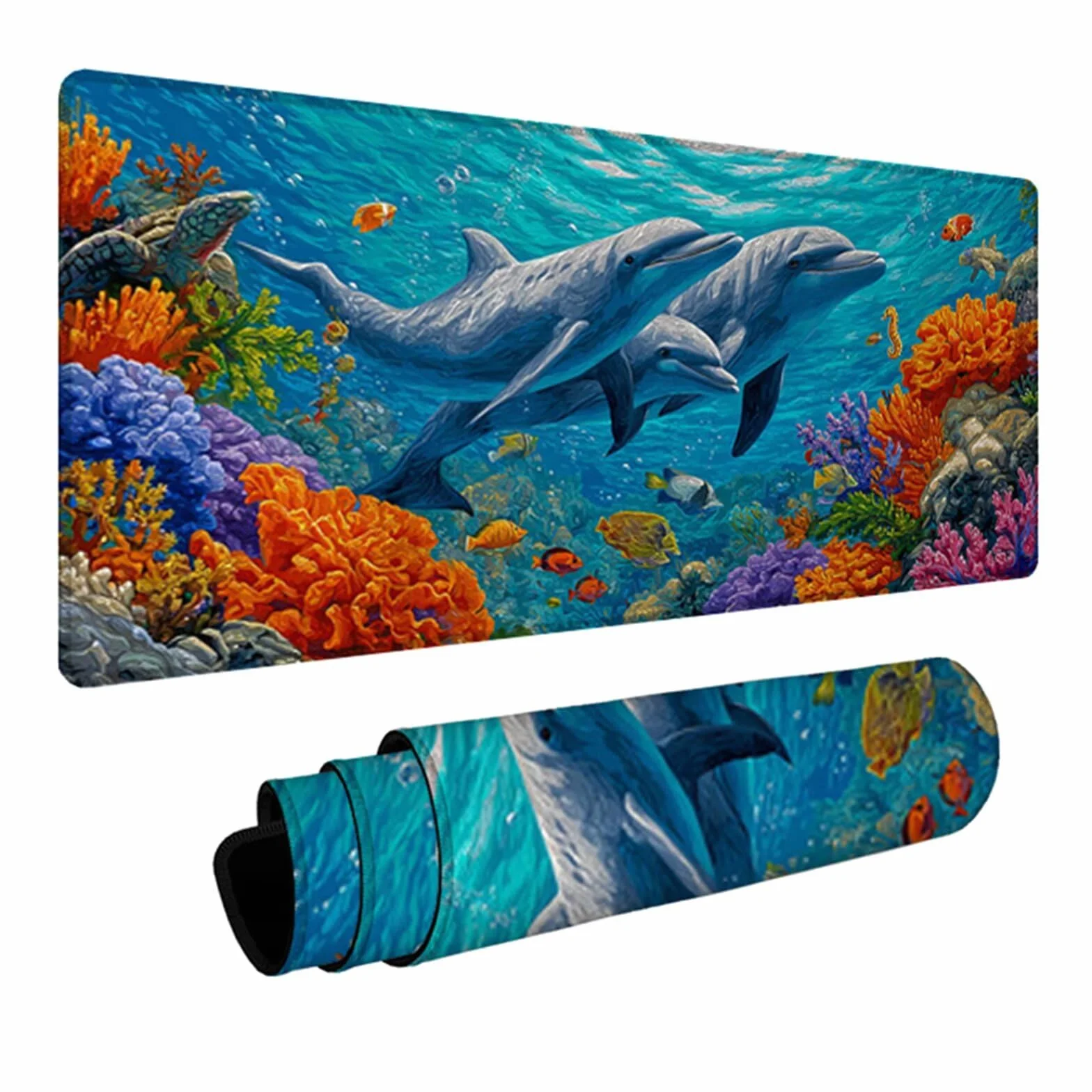 Podkładka pod mysz 1200 x 600 x 3 mm ryby, delfin mata na biurko do gier, podkładka pod mysz z gumową podstawą, mata biurowa ze szwami na krawędziach, akcesoria dla graczy, do domowego biura gier