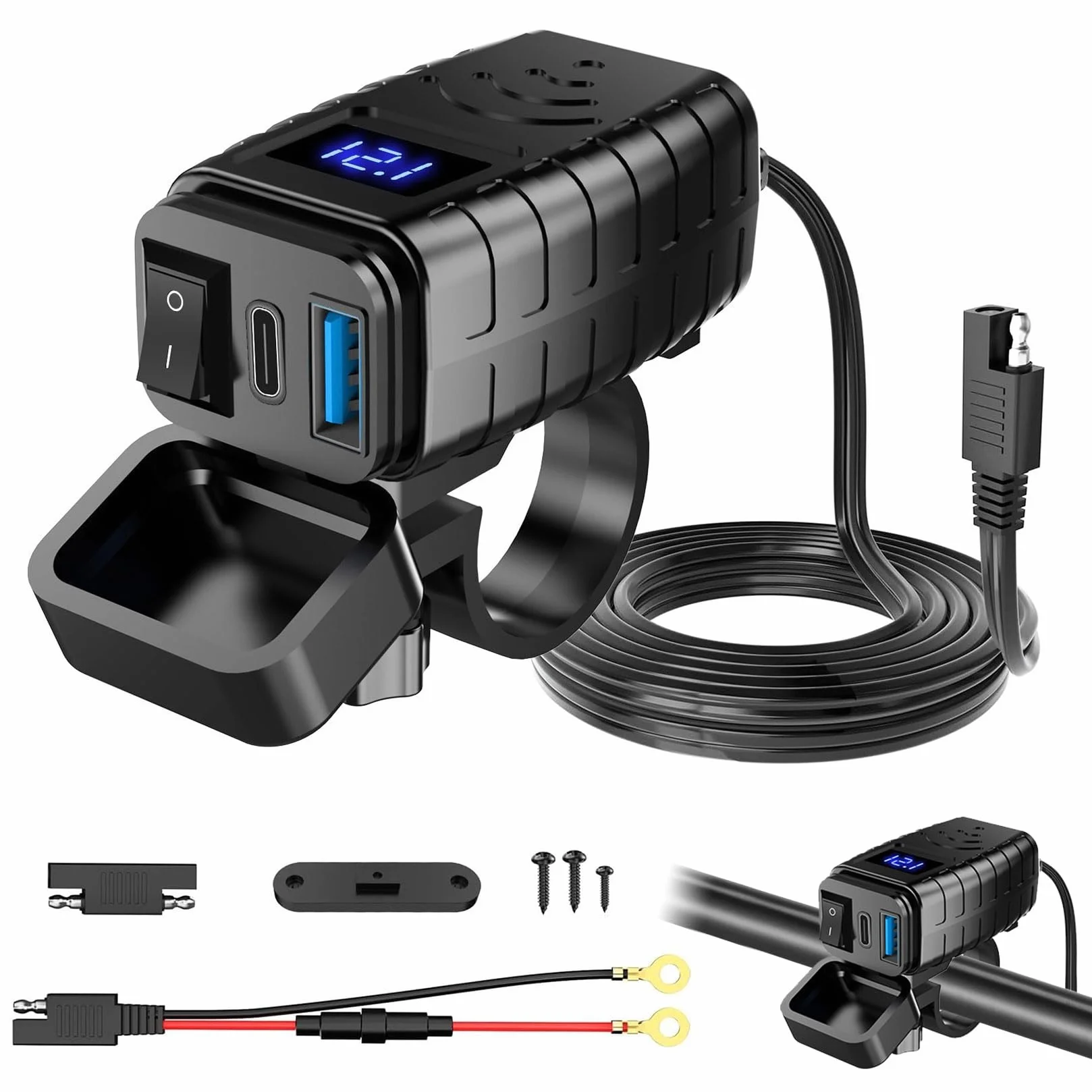 Idota Motocyklowe gniazdo USB Multi kabel USB adapter szybkozłączki | Wodoszczelna ładowarka z włącznikiem/wyłącznikiem i funkcją Quick Charge typu C do motocykli i kamperów