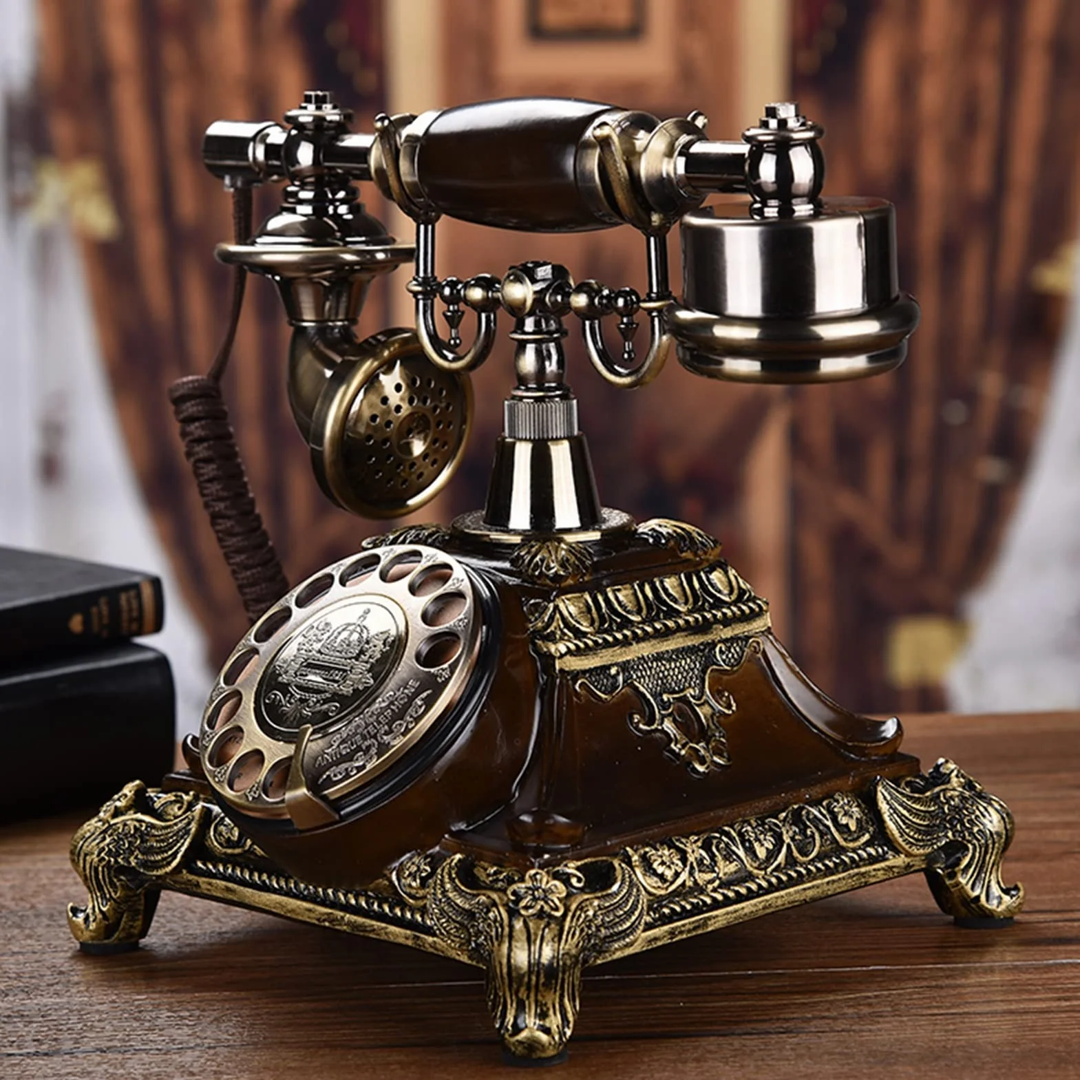 Telefon stacjonarny w stylu retro, klasyczny telefon stacjonarny z tarczą obrotową, staromodny telefon stacjonarny do domu i biura, A
