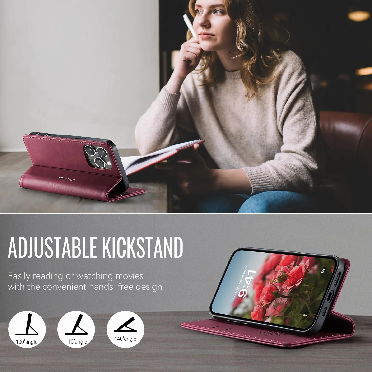 Etui Portfelowe do iPhone 16 Pro z Klapką Etui ze Skóry PU Premium Portfel Przegródki na Karty Mgnetyczne Funkcja Stojaka, Blokada RFID, Etui na Telefon iPhone 16 Pro, Czerwony