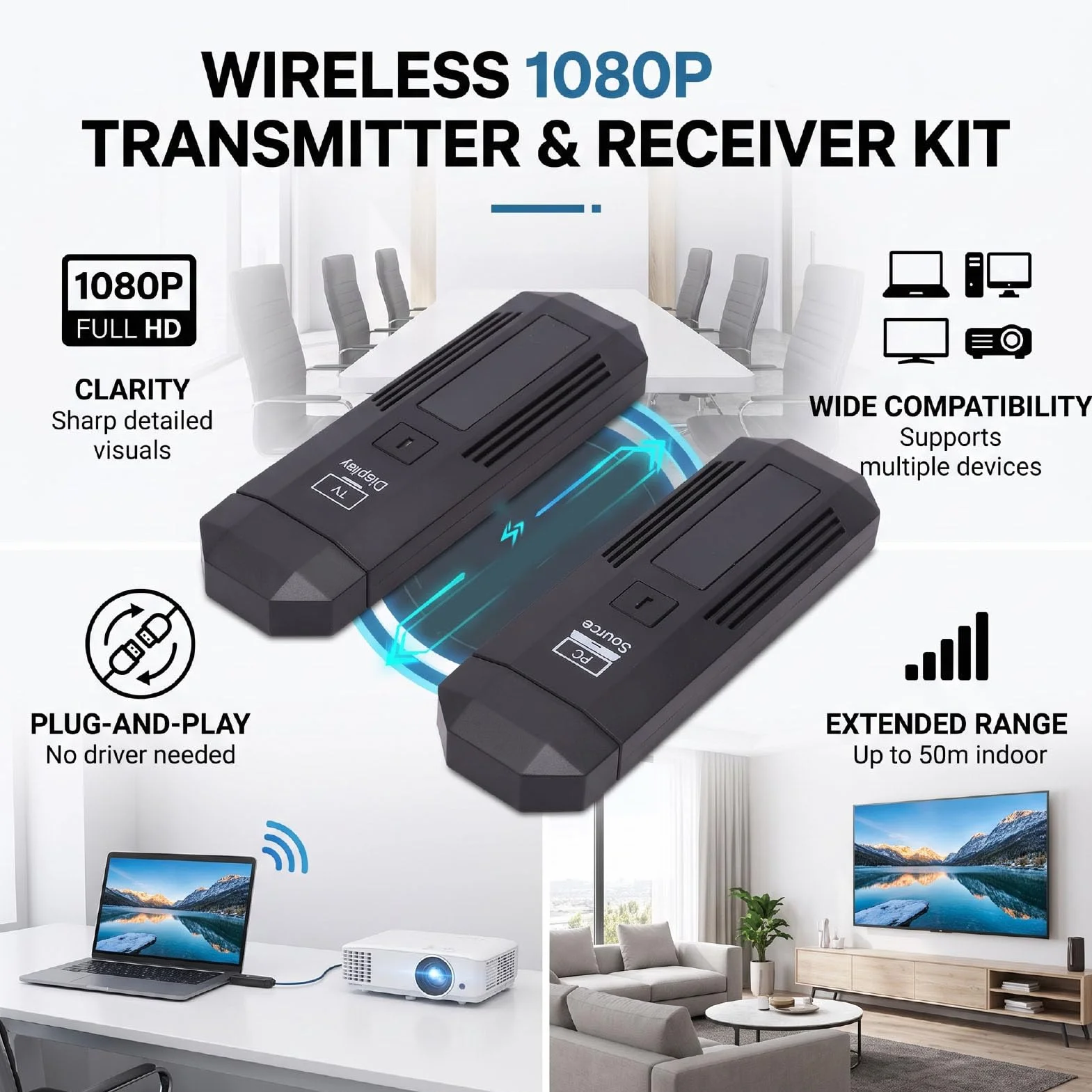 XUMIUZIY Bezprzewodowy Nadajnik i Odbiornik HDMI 50m, 1080P FHD | Dwuzakresowy, bezprzewodowy przedłużacz HDMI 2,4G/5G do przesyłania obrazu i dźwięku z laptopa/komputera/projektora/TV Boxa