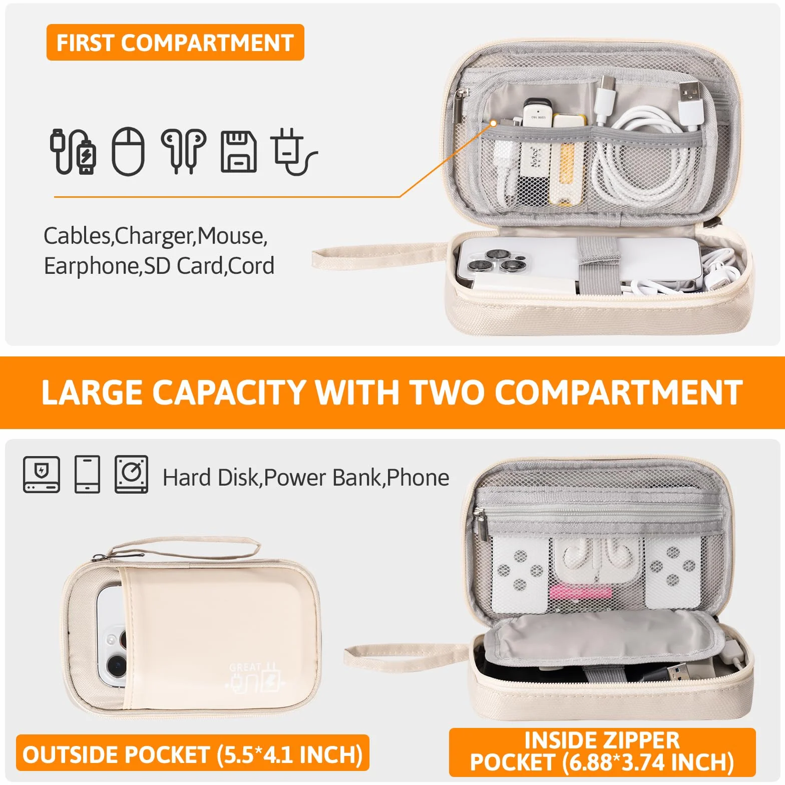 OrgaWise Etui podróżne na akcesoria elektroniczne, elektronikę, kable, powerbank, kabel do ładowania, tablet itp., beżowe (S2-Beige)