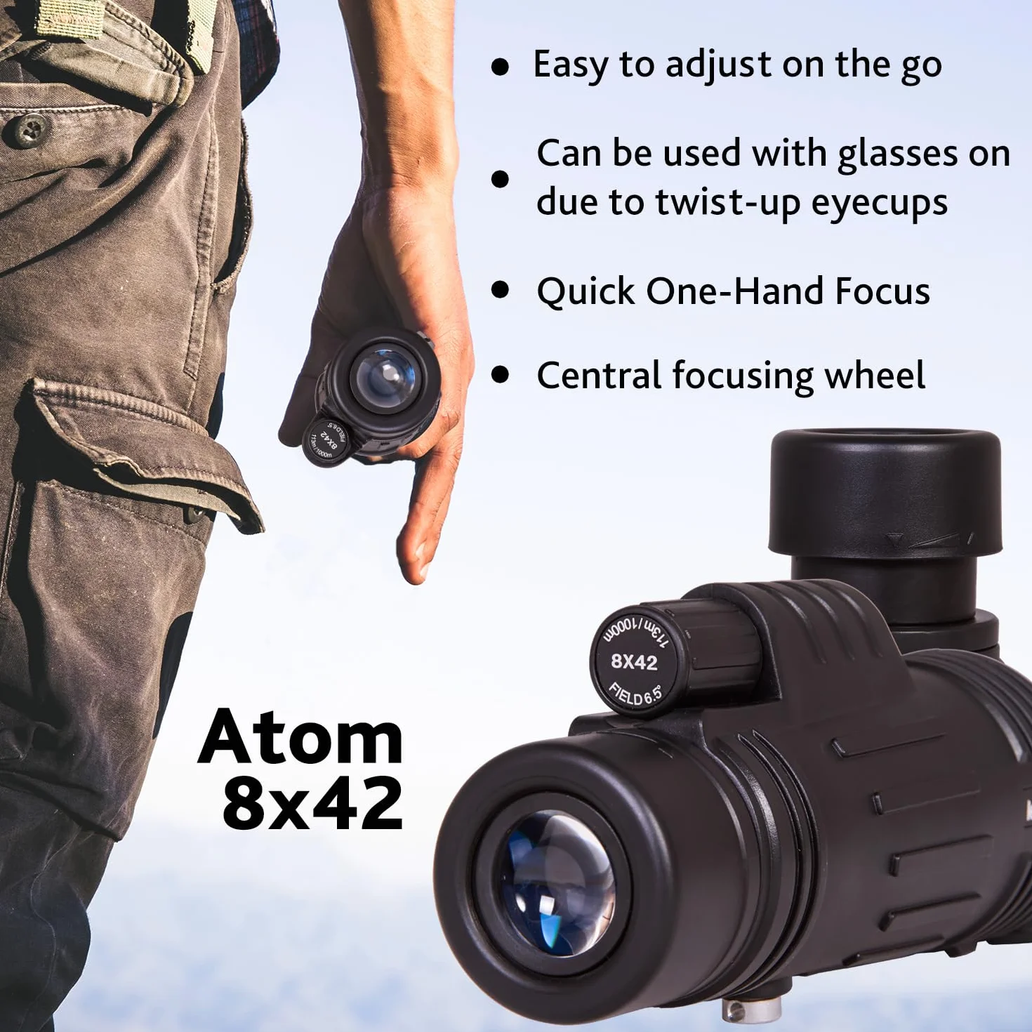 Levenhuk Atom 8x42 Monokular Przenośny, Kompatybilny ze Statywem | Kompaktowy i Lekki z Optyką BK-7, do Wędrówek, Birdwatchingu, Kempingu, Polowań i Podróży