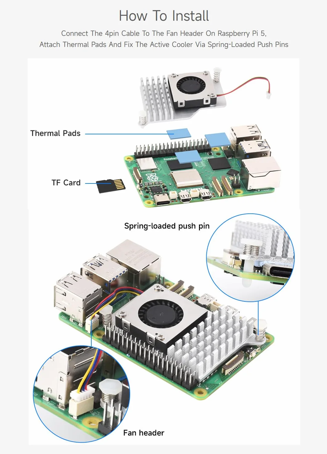 Waveshare Active Cooler (B), Compatible with Raspberry Pi 5, Active Cooling Fan, Aluminium Heatsink, with Thermal Pads