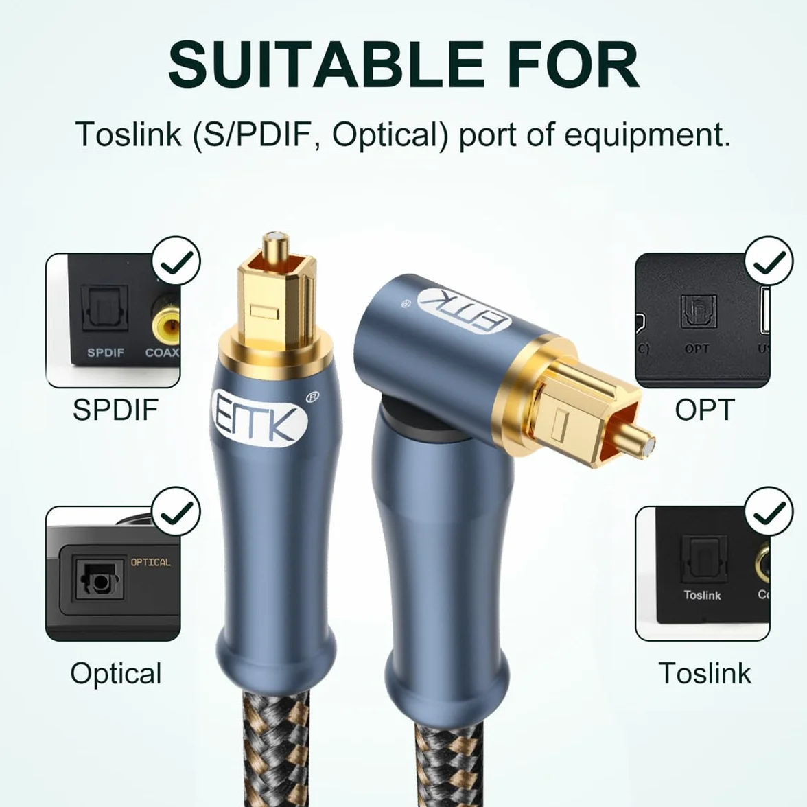 EMK Optyczny kabel audio prostokątny kabel Toslink (wtyczka kątowa 24K złota, włókno szklane 90 stopni, SPDIF do TOSLINK, obrót o 360 stopni), cyfrowy kabel optyczny do głośników, soundbar, TV (2 m)