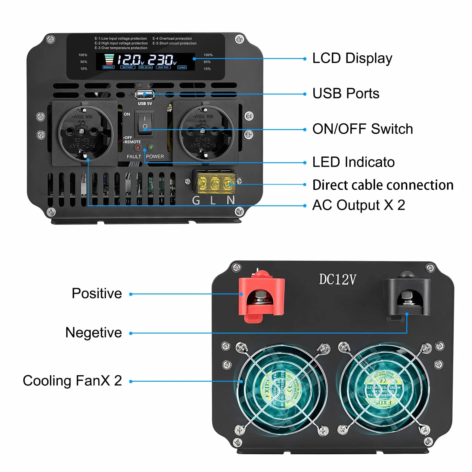 Yinleader Falownik 12 V 230 V 5000 W /10000 W przetwornica napięcia 12 V 220 V LCD AC przyłącze kabla sieciowego USB
