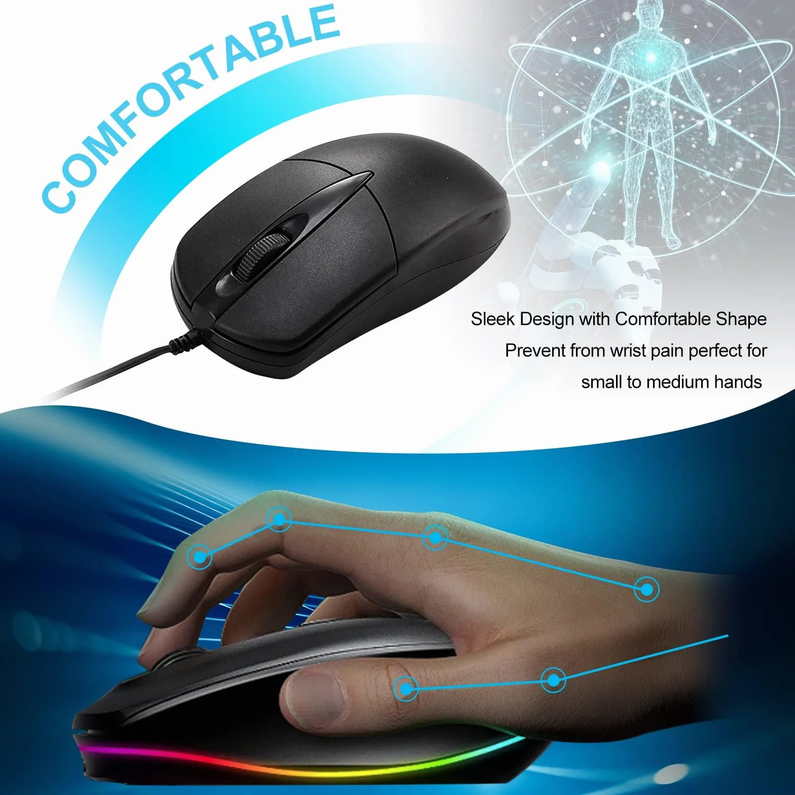 Czarna przewodowa mysz komputerowa USB - 1000 DPI 3 przyciski przewodowa z domowym biurem bezgłośna prosta do laptopa komputera stacjonarnego (YX-Mouse60)