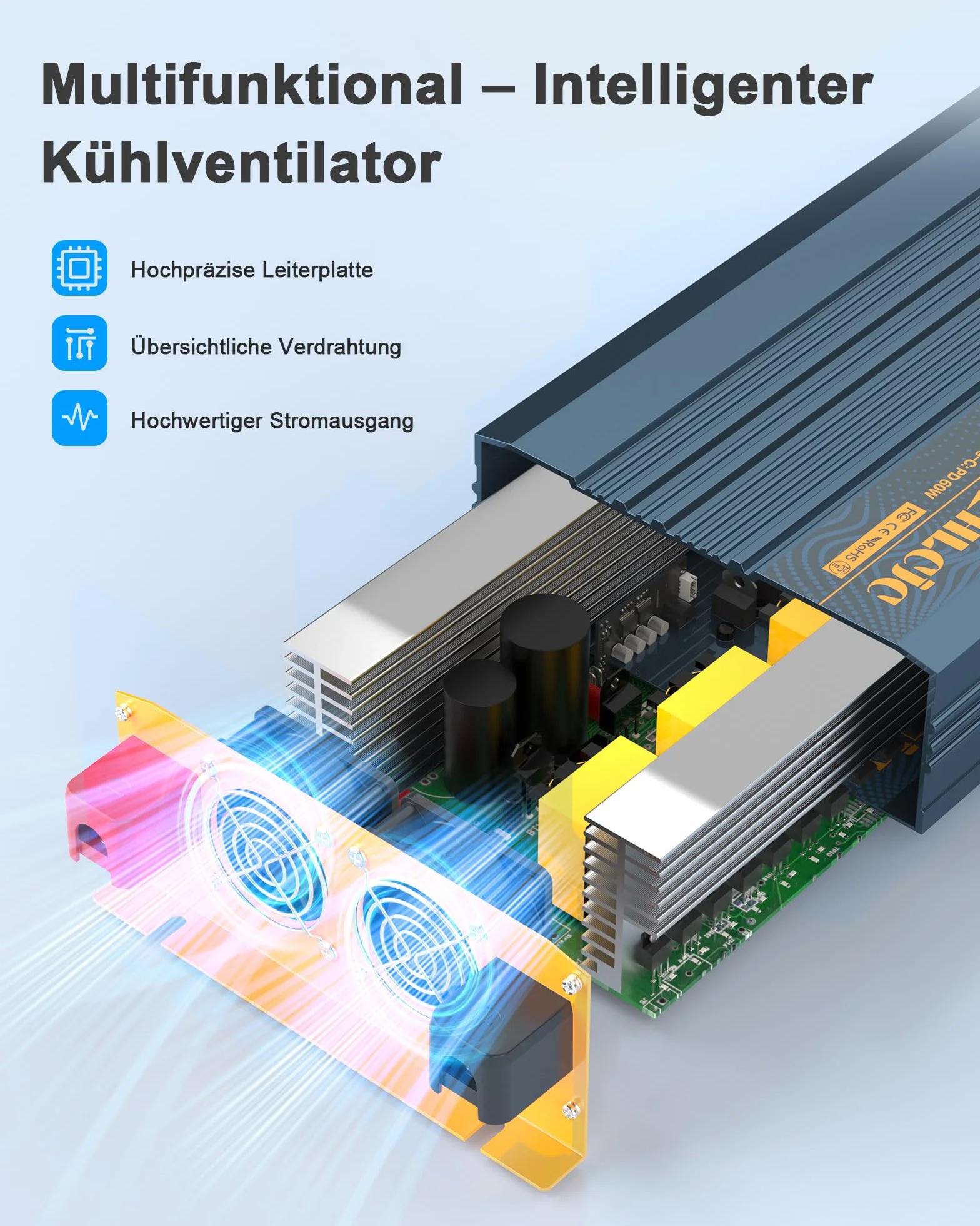 Inwerter sinusoidalny czystej fali, 3000 W, 24 V, 24 V na 230 V, z 2 gniazdami europejskimi, 1 portem USB-C, 3 portami USB-A z szybkim ładowaniem, wyświetlacz LCD do autokaravany, ciężarówki