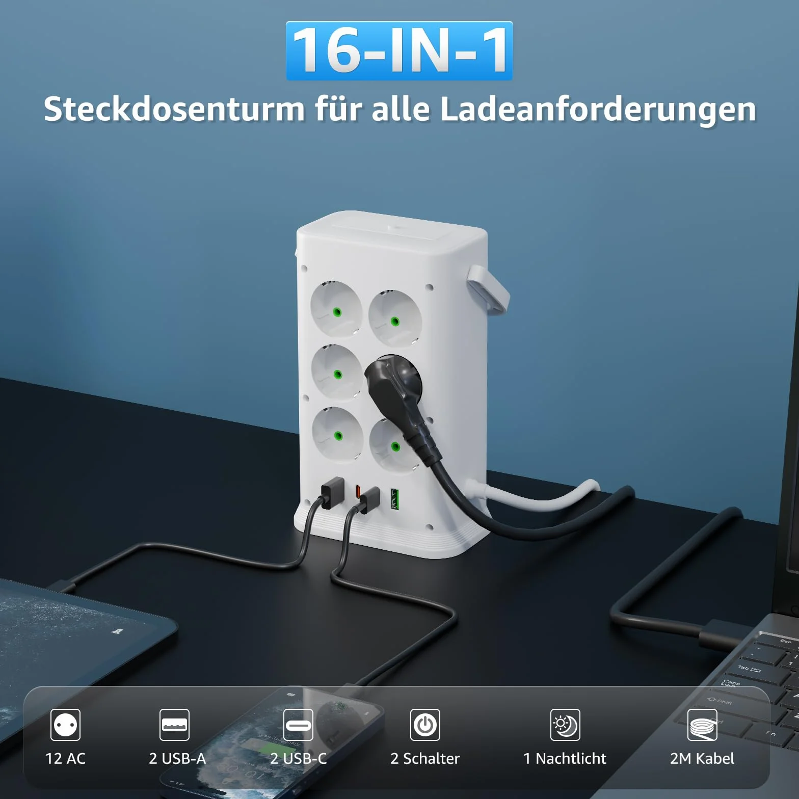Listwa zasilająca z 12 gniazdami z 4 portami USB i światłem, listwa zasilająca 16 w 1, listwa zasilająca z przełącznikiem, ochrona przed przepięciem, przedłużacz 2 m, do domu, biura