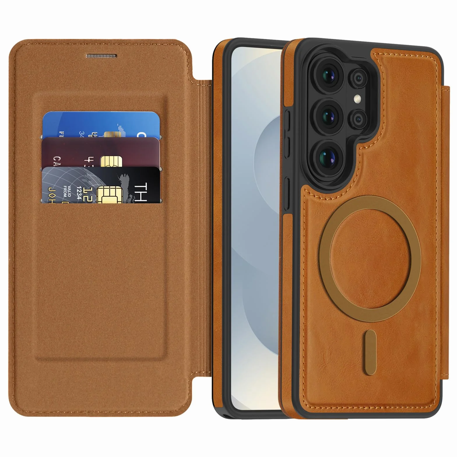 Magnetyczne etui do Samsung Galaxy S26 Ultra/S26 +/S26, smukły biznesowy skórzany pokrowiec z klapką z blokadą RFID na karty, pomarańczowy, S26