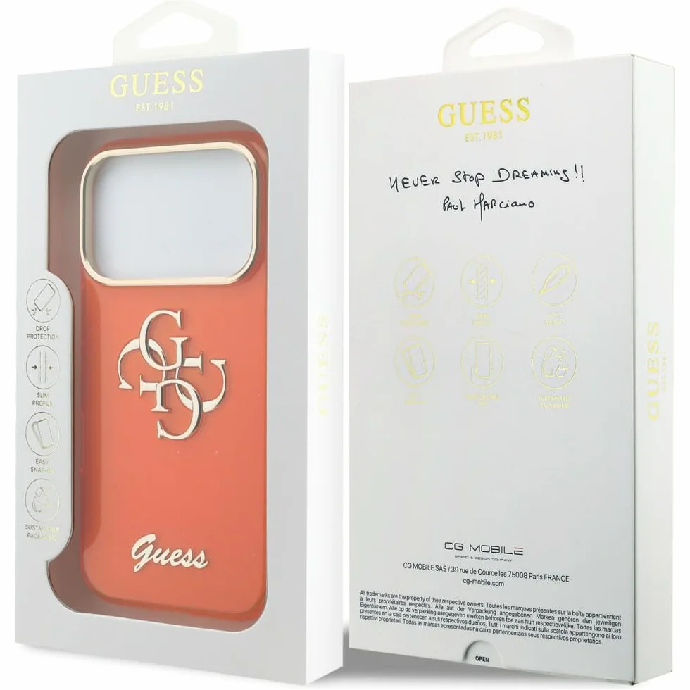 CG MOBILE Guess IML 4G Script Metal etui do iPhone 17 Pro Max (pomarańczowe)