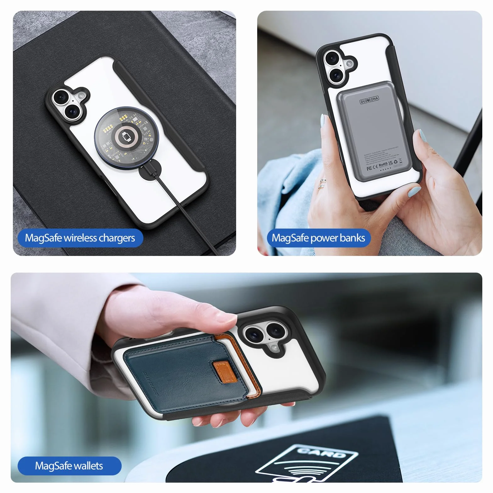 DUX DUCIS Magnetyczne etui do iPhone'a 16, kompatybilne z MagSafe, stojak magnetyczny obracany o 360°, wysokiej jakości skóra PU, etui z klapką z blokadą RFID, przezroczyste, odporne na wstrząsy etui