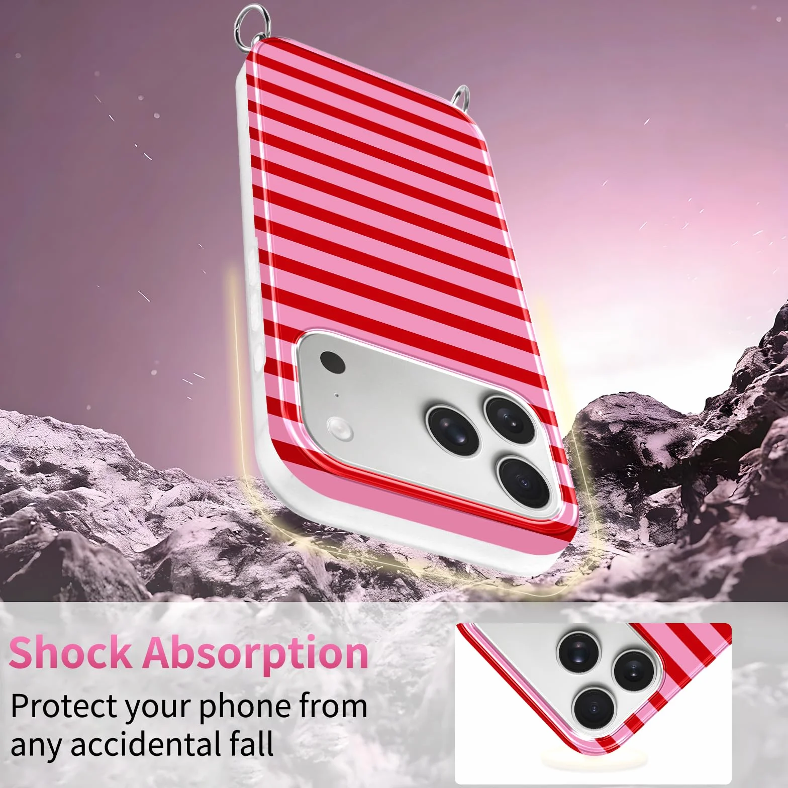 Etui Striped do iPhone 17 Pro Max 6,9" ze sznurkiem, półprzezroczyste silikonowe etui estetyczne, czerwone i różowe paski, wzór, regulowany naszyjnik, etui ze smyczą, odporne na wstrząsy etui
