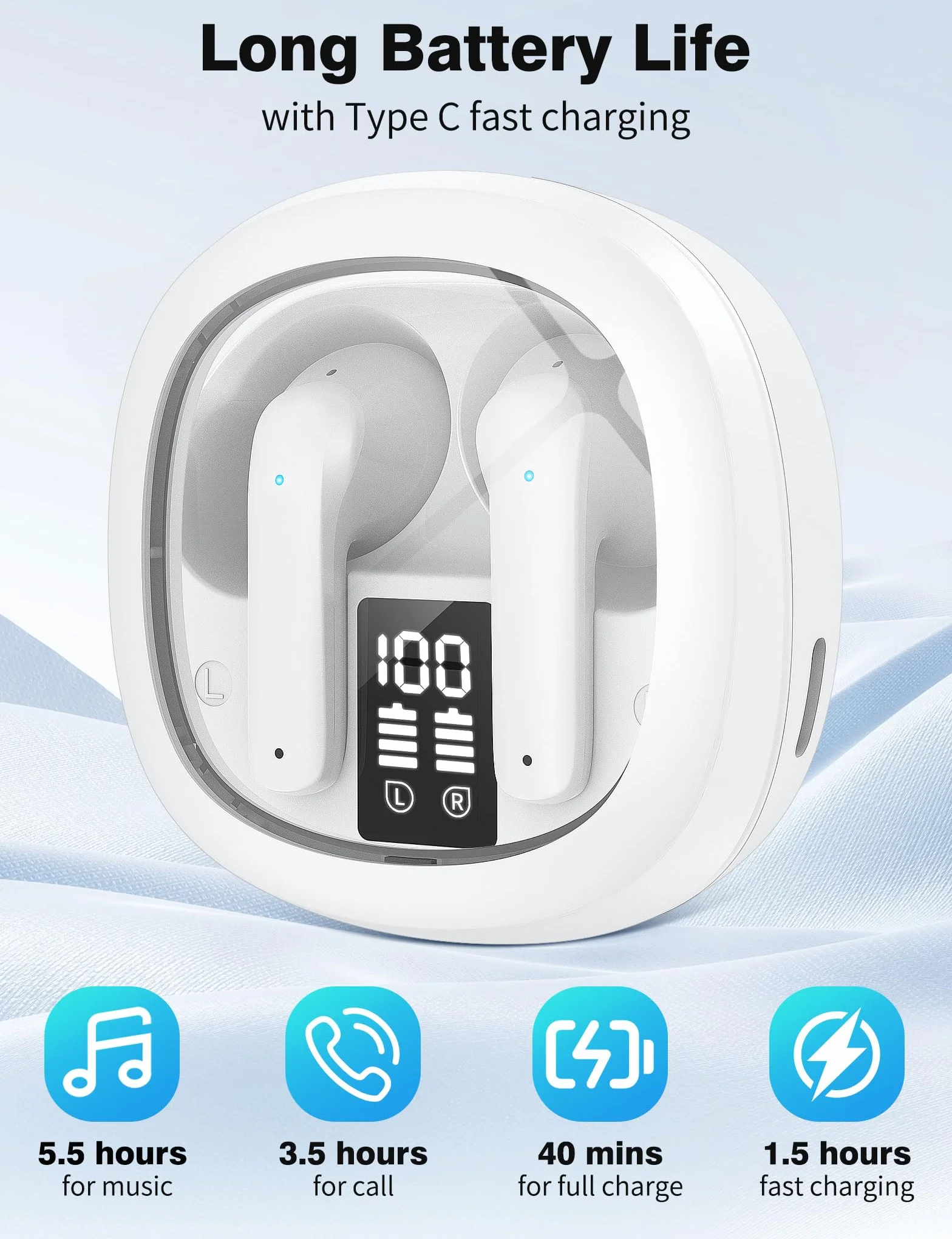iMangoo Bezprzewodowe słuchawki douszne Bluetooth 5.3 z wyświetlaczem LED 50 godzin ENC | Słuchawki bezprzewodowe USB C z mikrofonem ENC do iPhone 17 Pro Max 14 13 pikseli 10a 9a do Samsung A17 A26 A57 A37 A56