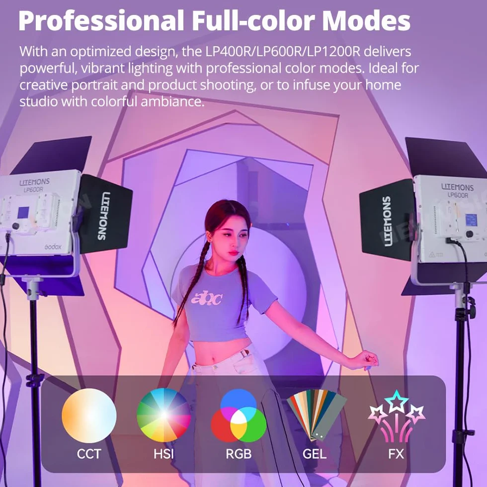 Godox Litemons LP600R RGB LED panel świetlny ze sterowaniem aplikacją, 60 W, oświetlenie studyjne z drzwiami stodoły, 1800-10000 K, 14 trybów FX, obracany o 360°, CRI 96+ TLCI 96+, (Godox LP600R)