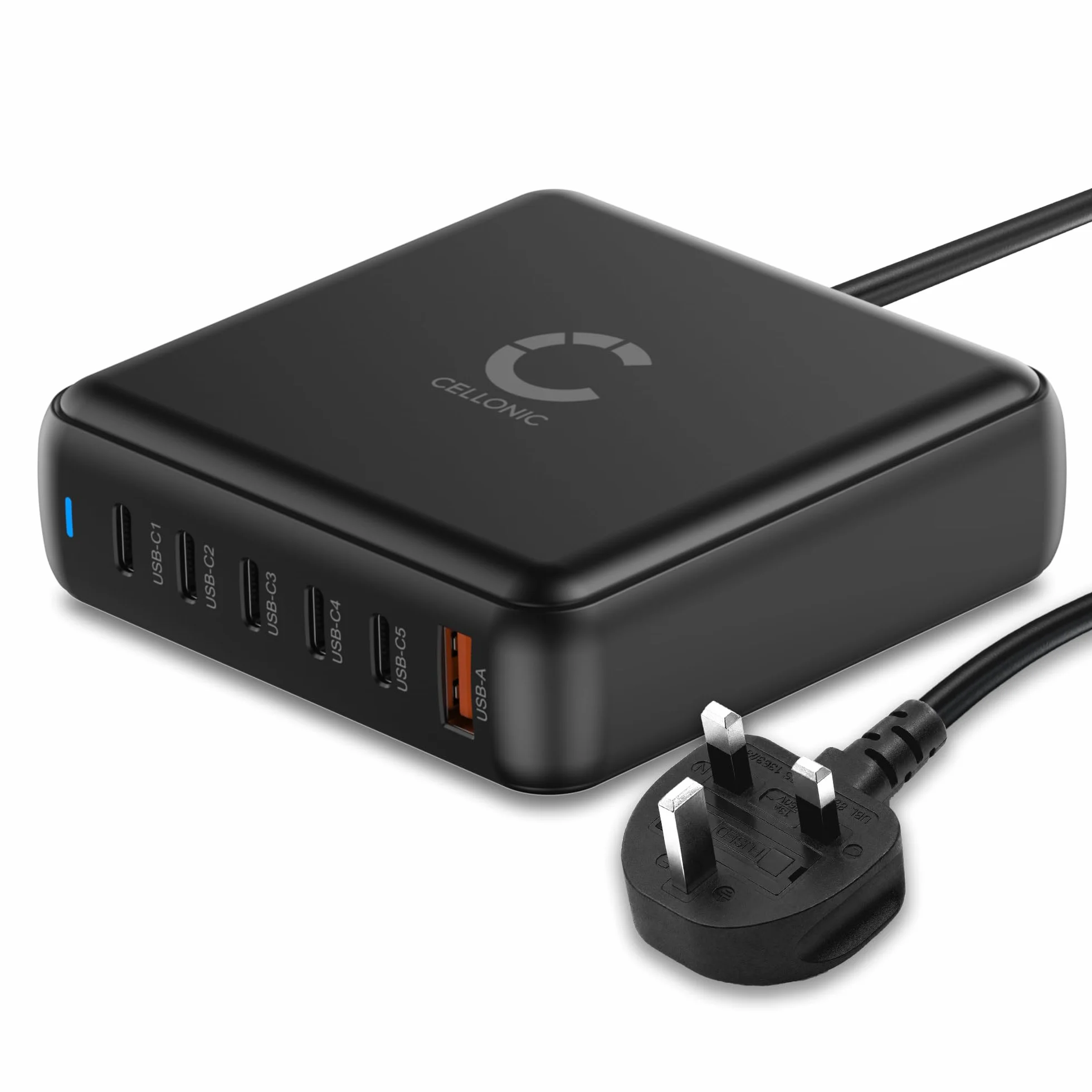 CELLONIC GaN ładowarka USB 200 W, 6-portowa szybka ładowarka i stacja ładująca z PD i QC 3.0 do laptopa, tabletu i smartfona