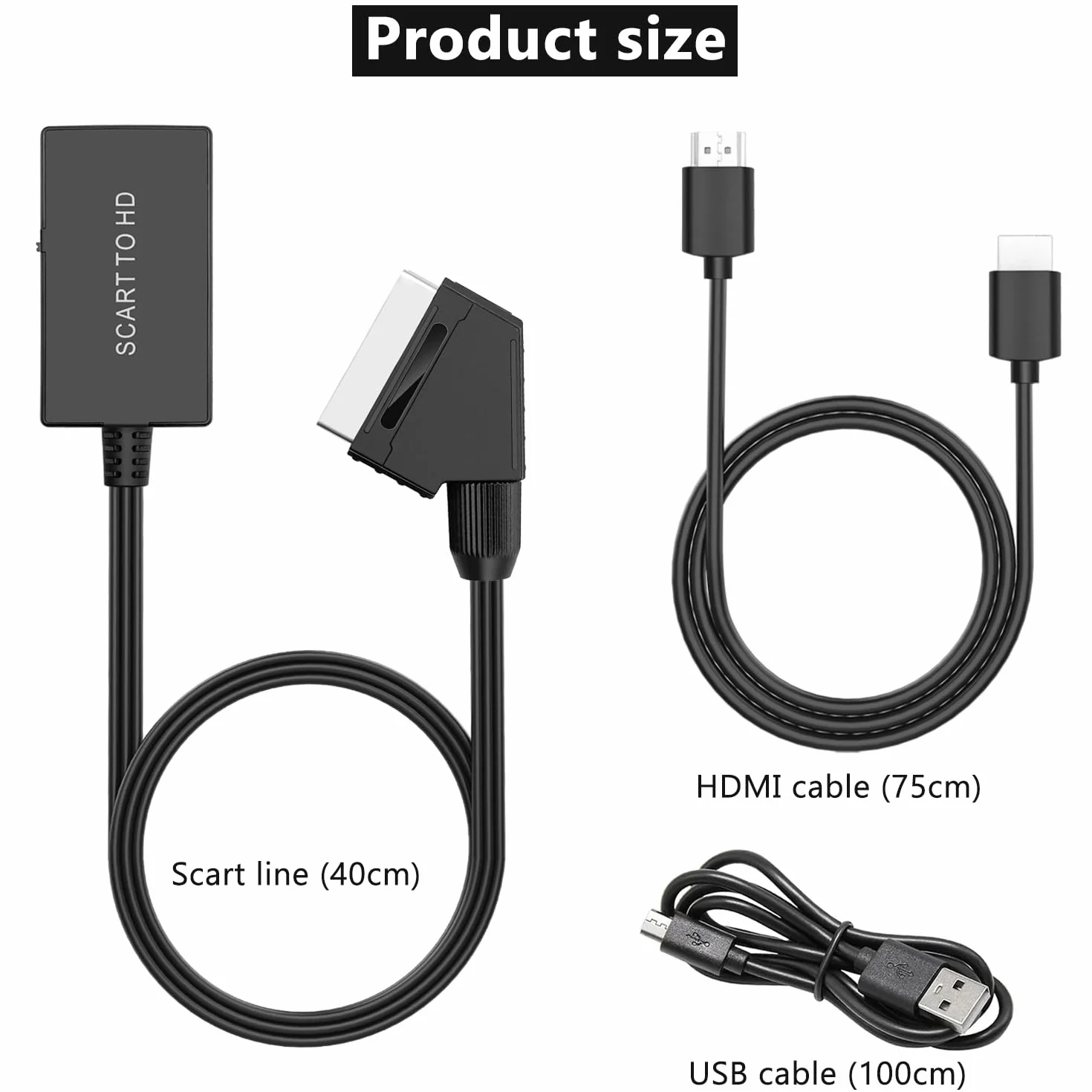 Adapter konwertera Scart na HDMI z kablem HDMI i Scart + zasilacz USB, konwerter wideo HD na Audio 1080P/720P do HDTV/DVD/PS3/Xbox/VHS
