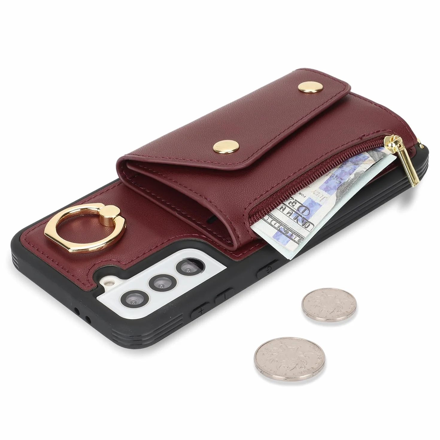 Lipvina Etui do Samsung Galaxy S21 FE etui z paskiem na karty, etui na telefon komórkowy Samsung Galaxy S21 FE z zamkiem błyskawicznym, z pierścieniem, stojakiem dla kobiet - czerwone