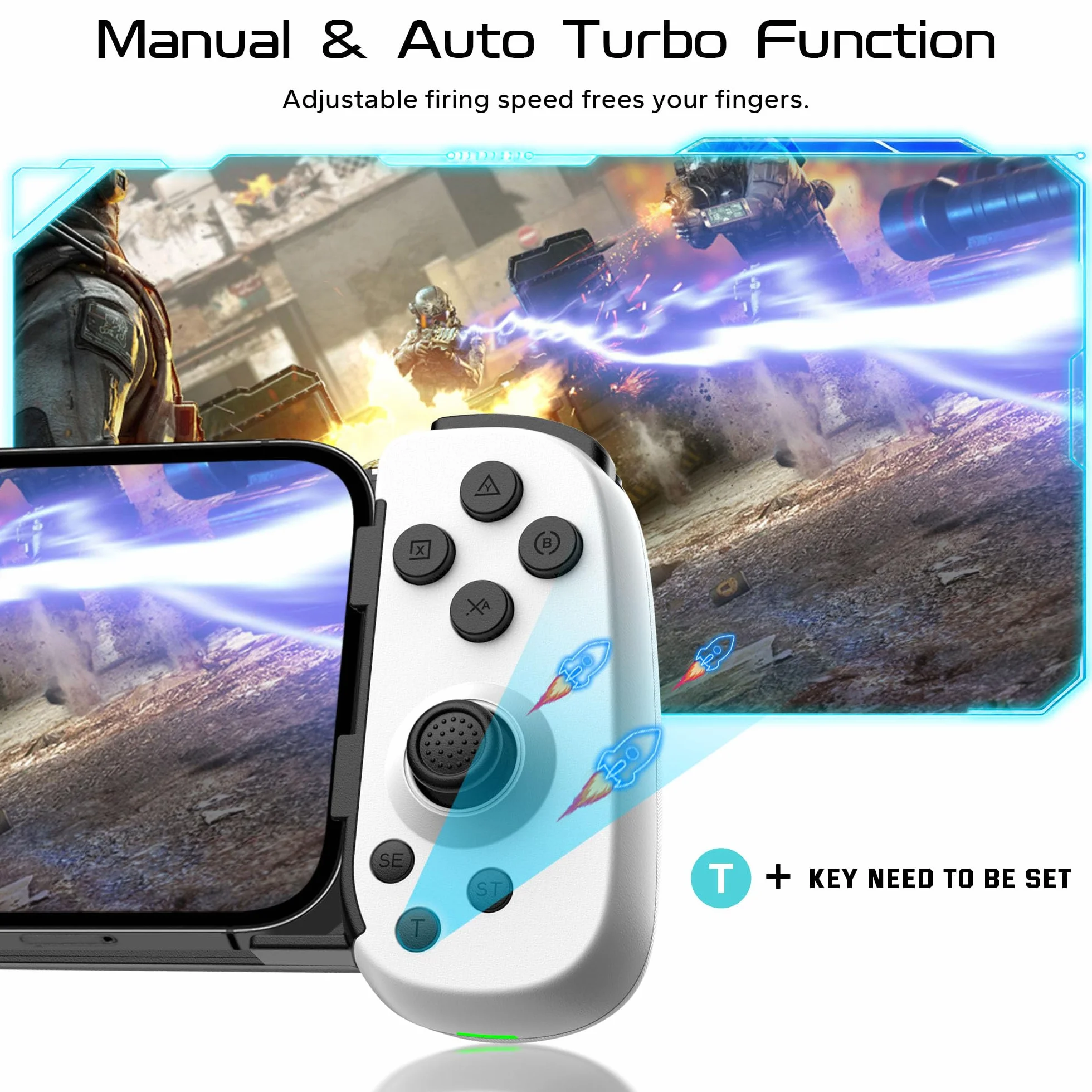 Joso Mobilny kontroler do gier do iPhone/Android/PC/Switch/PS4/PS3, Bluetooth Gamepad Joystick z turbo/6-osiowym żyro/ wibracjami, Play Call of Duty, Roblox, Genshin Impact, Cloud Gaming, gra zdalna