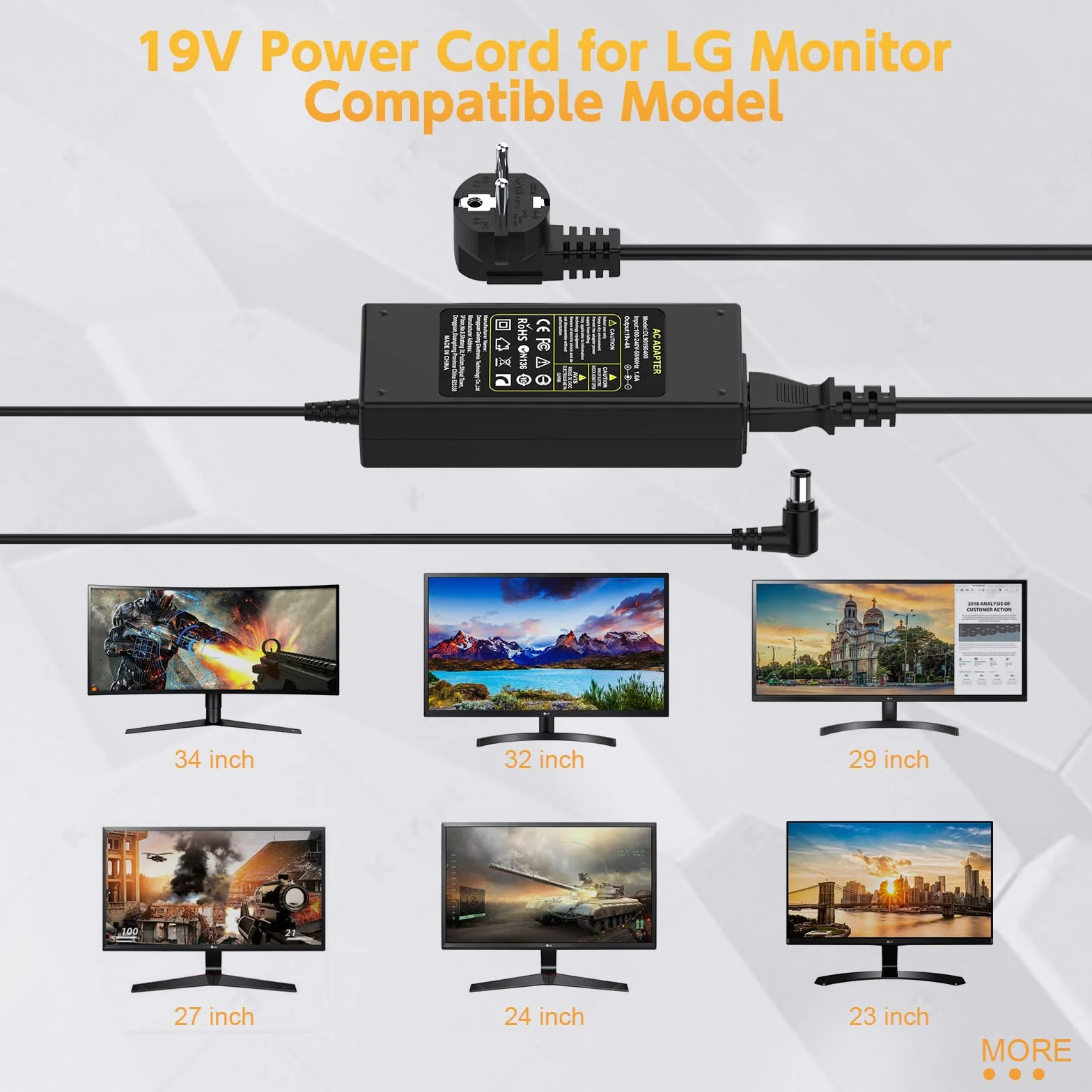 Shefor Ładowarka 19V kompatybilna z LG Electronics 19 "20" 22 "23" 24 "27" 32 "LED Monitor LCD Panoramiczny HDTV 24M47H-P 24MP55HQ Wymień Samsung 22" 32" A4819-FDY UN32J400 do ładowania telewizora