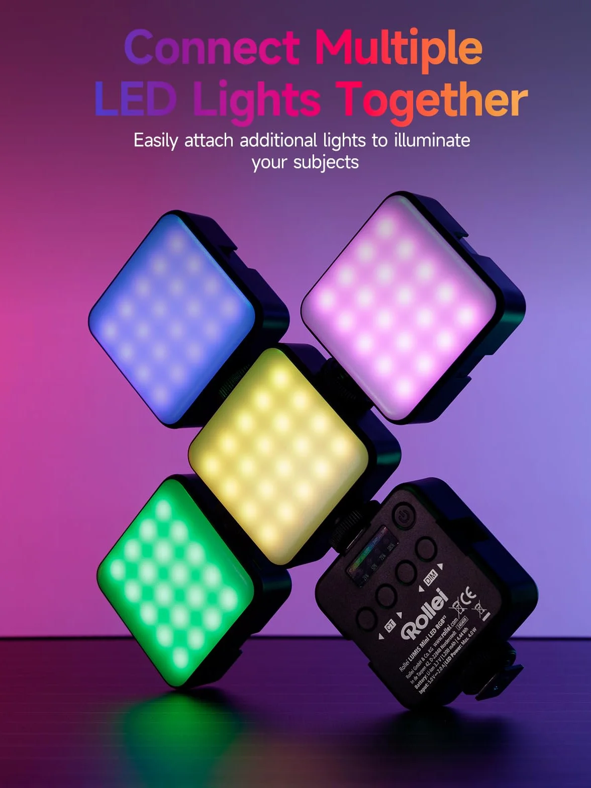 Rollei Lumis Mini RGB-Color światło ciągłe LED, lampa wideo z 60 diodami LED, 2500-9000 K, 6 W, 200 luksów (0,5 m przy 5500 K) | te Led Camera CRI 95+, wbudowany akumulator i ładowanie typu C