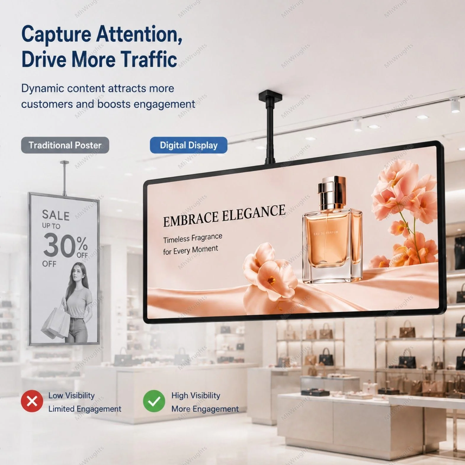 Cyfrowy wyświetlacz reklamowy, ekran ścienny 4K UHD z 8 GB pamięci RAM i 128 GB pamięci masowej, praca komercyjna 24/7, cyfrowy wyświetlacz z metalową ramą 24in