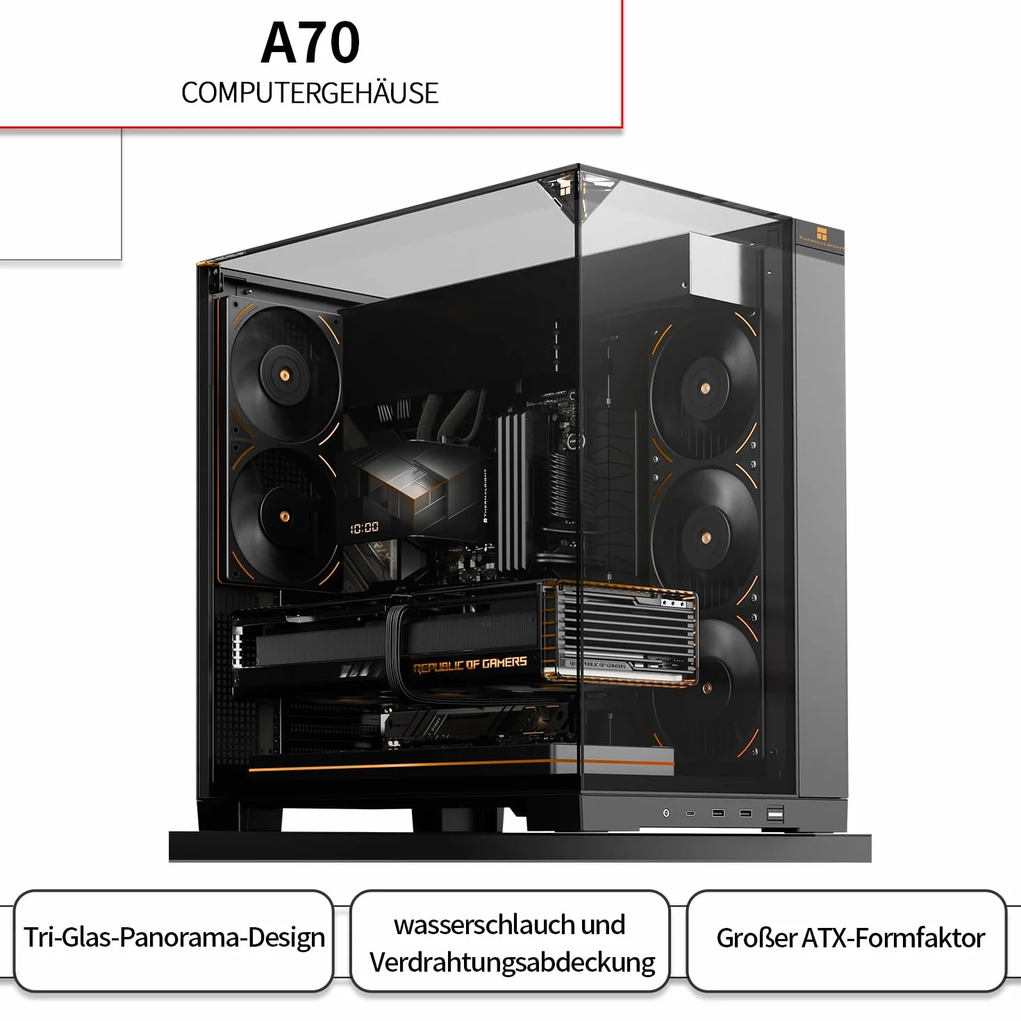 TR-Thermalright A70 panoramiczna obudowa przeszklona ukryte zarządzanie kablami + montaż bez użycia narzędzi, obsługuje płyty główne ATX, M-ATX i ITX oraz karty graficzne do 420 mm, zaprojektowana do