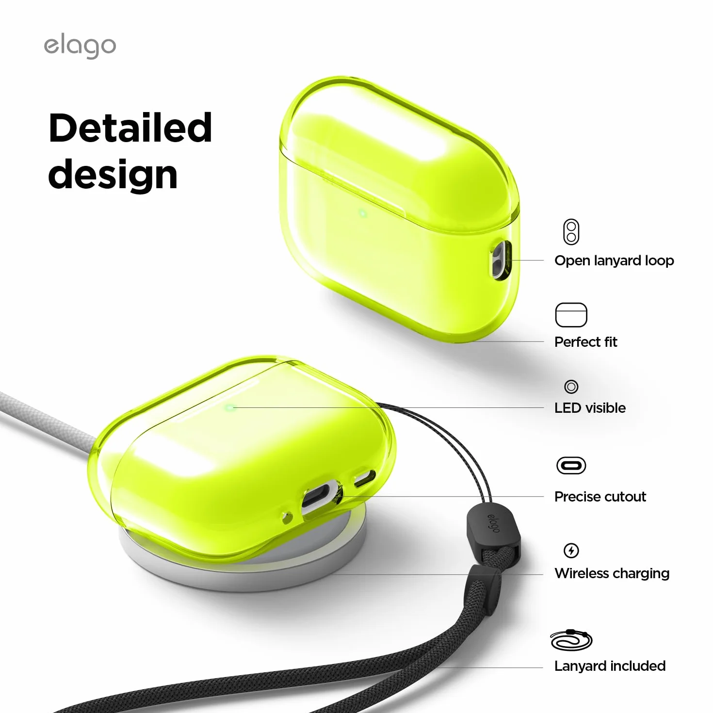 elago Etui Przezroczyste do AirPods Pro 3 | w Zestawie Pasek, Ograniczone Żółknięcie, Odporne na Wstrząsy, Pełna Ochrona, Bezprzewodowe Ładowanie (Neonowy Żółty)