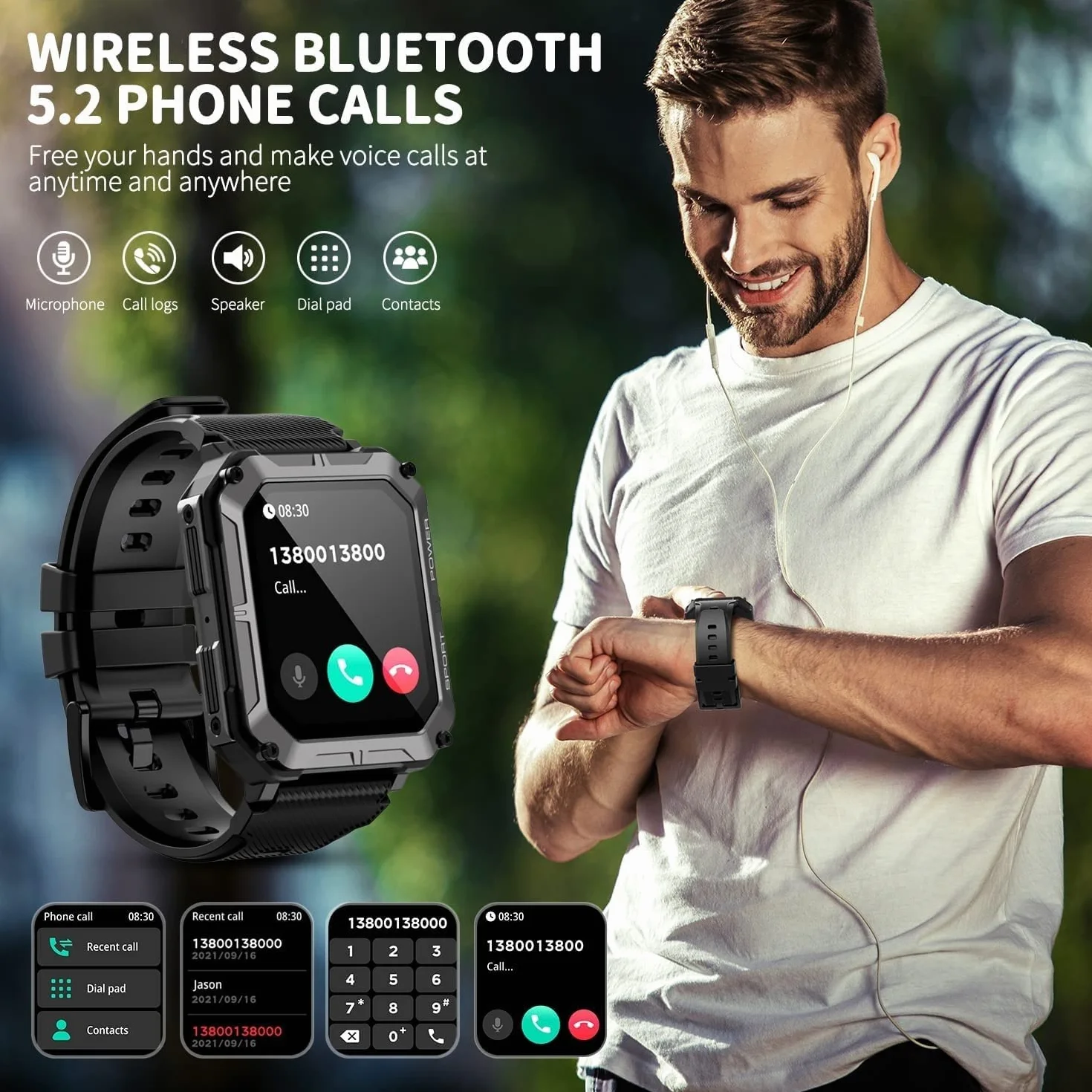 Inteligentny zegarek dla mężczyzn IP68 Wodoodporne połączenia (odbieranie/wybieranie połączeń) 1,83 '' Zegarek fitness Tracker Tactical dla Androida iOS Outdoor Sports (Color : Black)