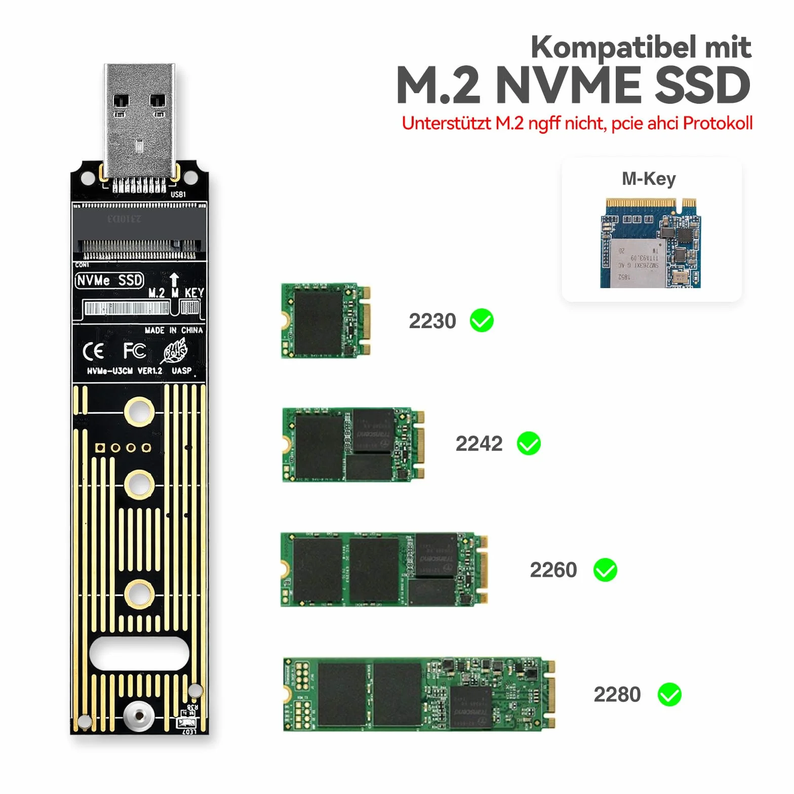 ELUTENG Karta Adaptera M.2 NVMe Na USB 3.1 Typu A, 10 Gb/s, Konwerter Czytnik PCIe SSD, Obsługa Klucza M 2230, 2242, 2260, 2280