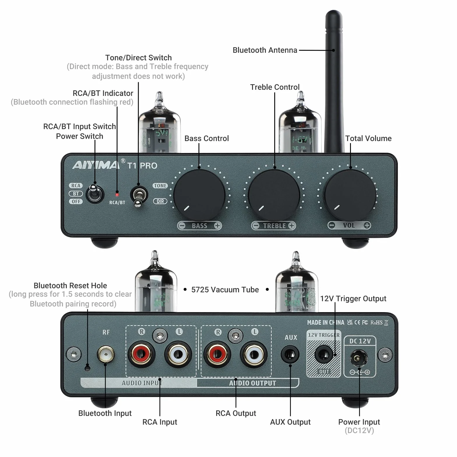 AIYIMA T1PRO przedwzmacniacz lampowy domowy przedwzmacniacz audio mini próżniowy przedwzmacniacz odbiornik Bluetooth 5.1 QCC3040 APTX-HD z kontrolami tonów wysokich tonów i wyjściem wyzwalającym 12 V
