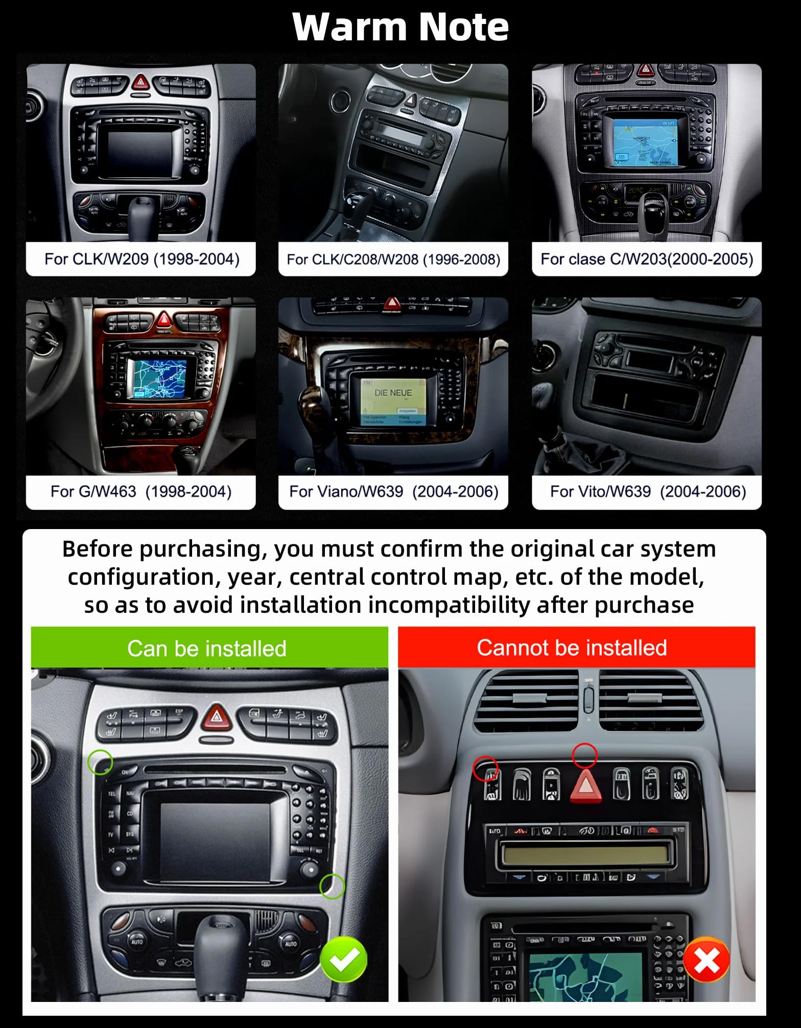 6 GB + 128 GB bezprzewodowy CarPlay dla Mercedesów W203 (2000–2005) i W209 (1998–2004) – odtwarzacz Android 15.0 7 cali z GPS kamerą cofania podzielonym ekranem WiFi i Bluetooth 5.0