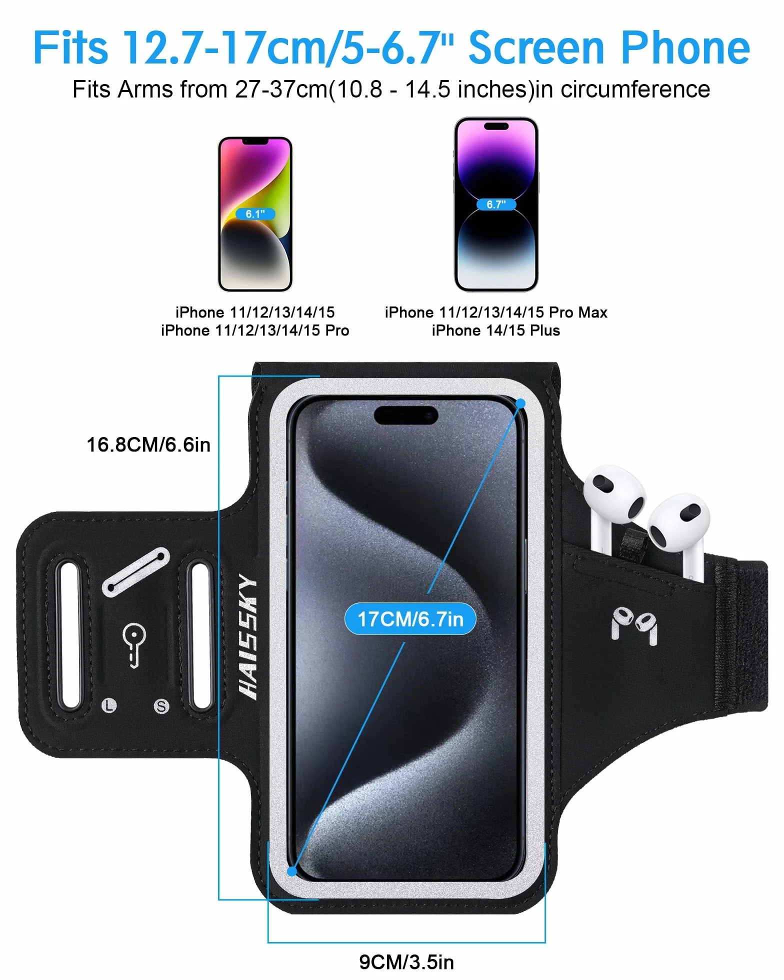 6,7'' uchwyt na telefon do biegania z torbą Airpods, etui na telefon komórkowy Razobws do iPhone 16 15 14 13 12 11 Pro Max Galaxy S20- S24 Ultra wodoodporny pasek na ramię z regulowanym paskiem