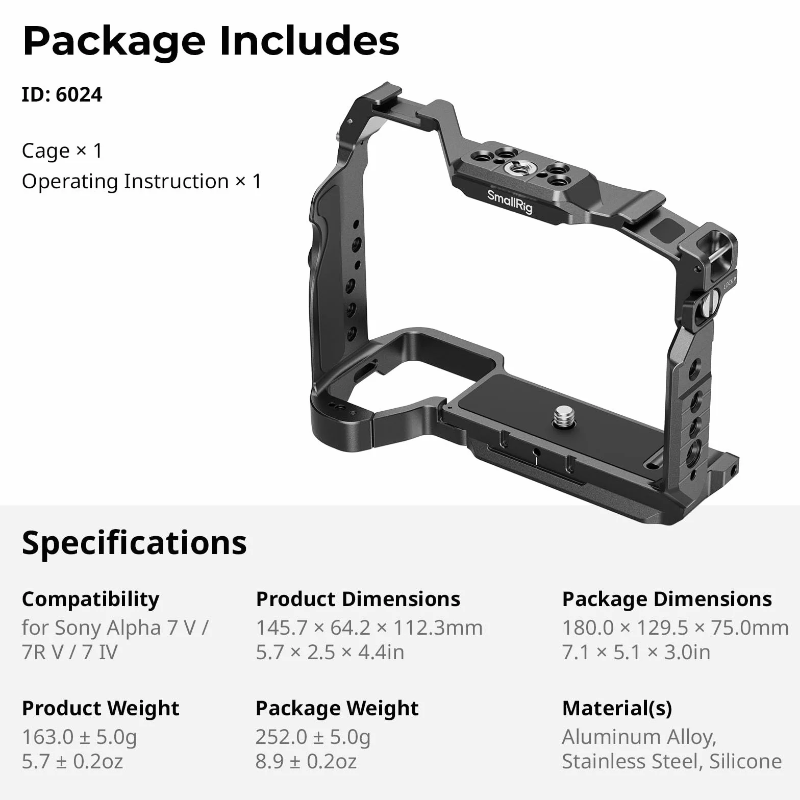 SMALLRIG Alpha 7 V HawkLock klatka do szybkiej wymiany do Sony Alpha 7 V / 7R V / 7 IV, zintegrowana płyta szybkiego montażu do Arca i NATO, gniazdo QD i stopka błyskowa,do DJI RS