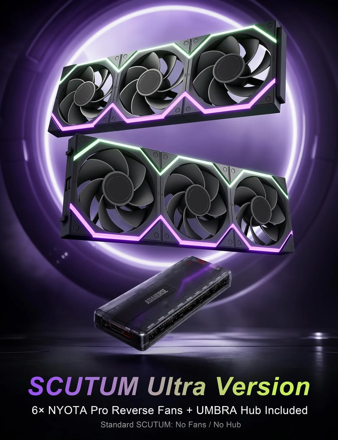 AsiaHorse Scutum Ultra ATX obudowa PC, Panorama Mid Tower z 6 wentylatorami Nyota Pro Reverse ARGB i koncentratorem Umbra, Back-Connect ATX, drewniany akcent, grzejnik 360 mm, typ C 20 Gbps, czarna