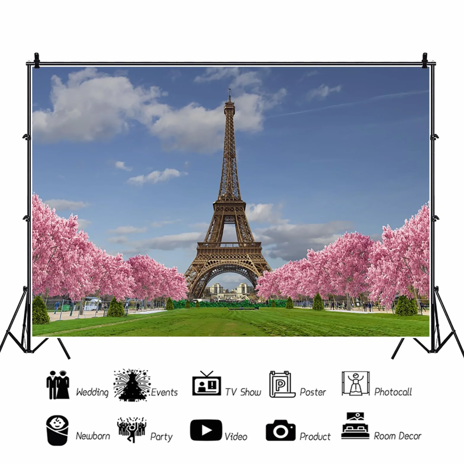 3,7 x 2,4 m Wieża Eiffla tło niebo chmury różowy kwiat wiśni murawa europejska wybitna architektura fotografia tło Paryż impreza dekoracja portret sesja zdjęciowa studio rekwizyty