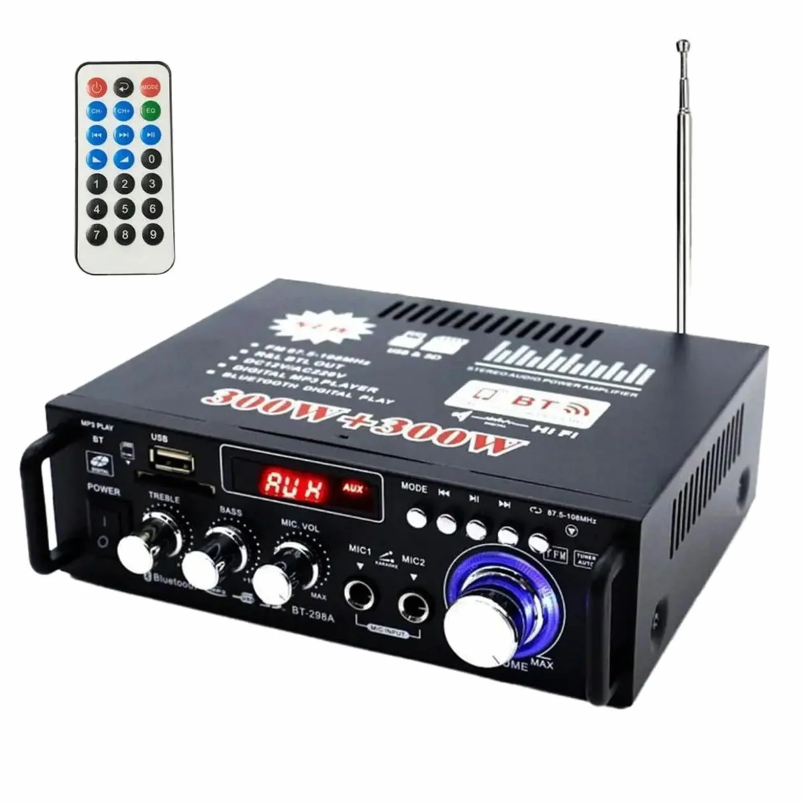 Wzmacniacz audio stereo BT-298A Domowy wzmacniacz mocy Praktyczny wyświetlacz ciekłokrystaliczny 2 kanały 12 V/220 V 600 W HiFi Zgodny z 5.0 Wzmacniacz audio rozszerzony zasięg transmisji