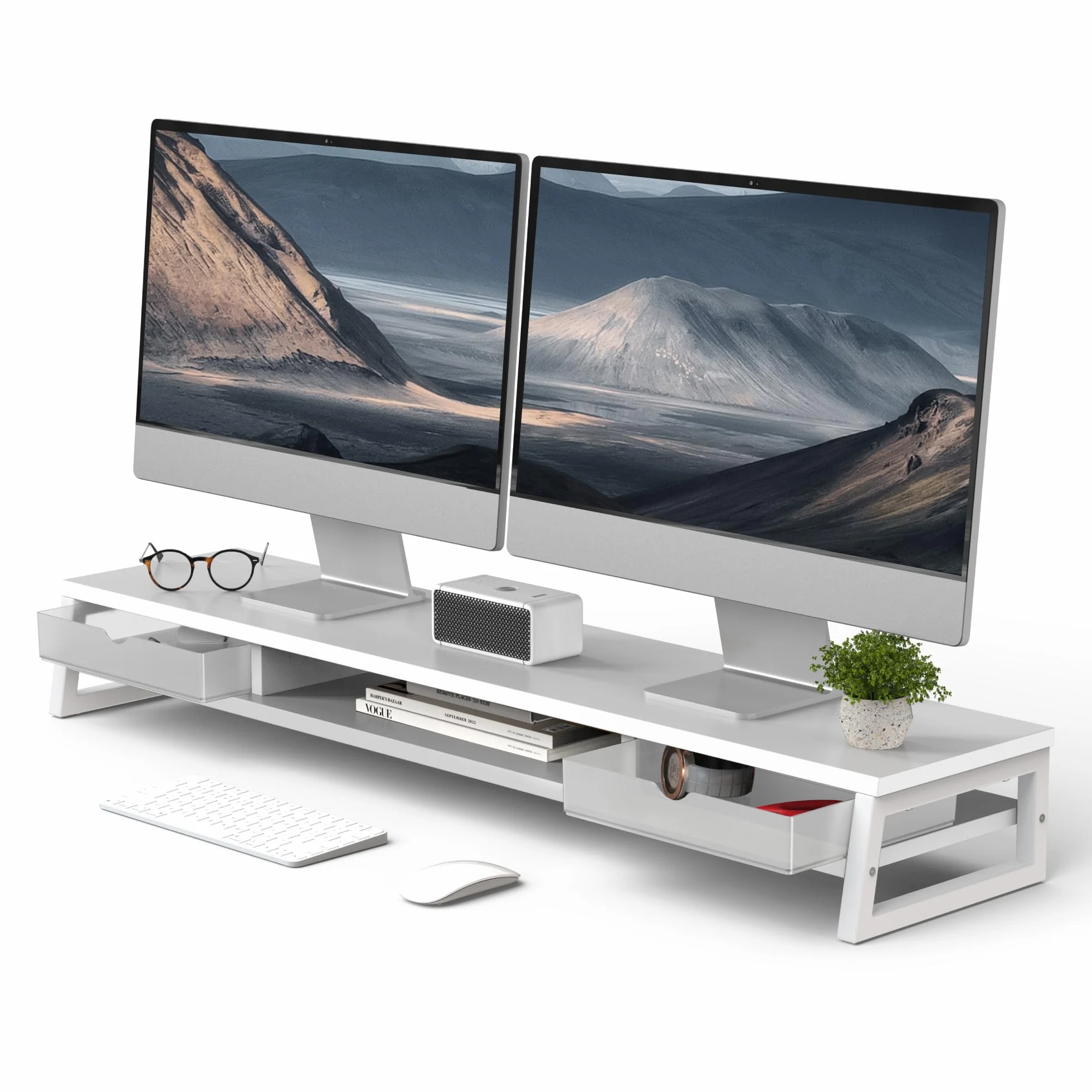 Fenge Podwójny stojak na monitor, riser, z 2 szufladami akrylowymi, 2 poziomy, 108 cm, stojak na ekran komputera / laptopa, faksu, drukarki, telewizora, nośność 45 kg (biała)