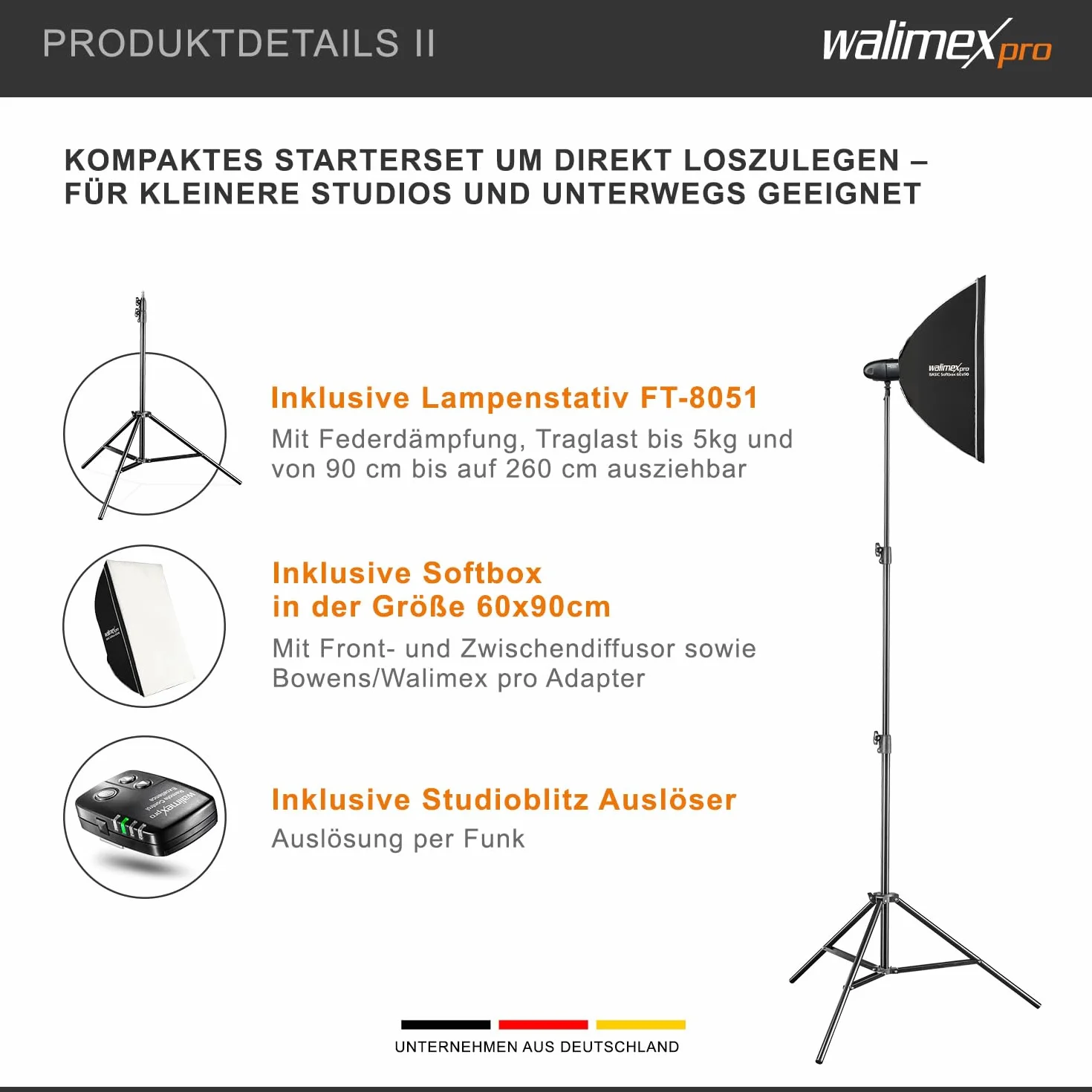 Walimex pro Zestaw 2 studyjnych lamp błyskowych Newcomer 300 II, komplet wraz z softboxami, statywami oświetleniowymi i wyzwalaczem radiowym, idealny do studia fotograficznego