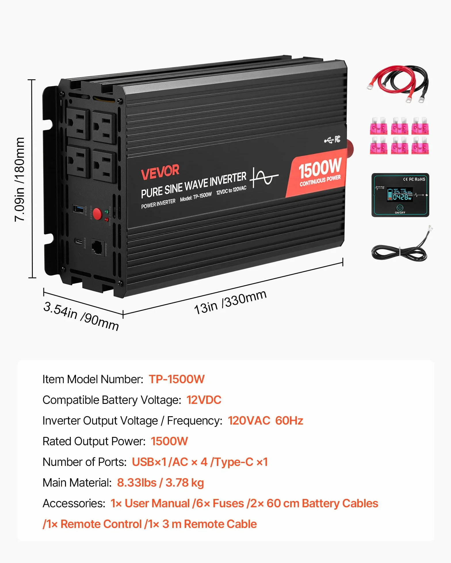VEVOR Falownik prądu 1500 W, falownik sinusoidalny 12 V DC na 230 V AC, konwerter ładowarki samochodowej z pilotem zdalnego sterowania, portami USB i typu C, 2 gniazda AC do kampera