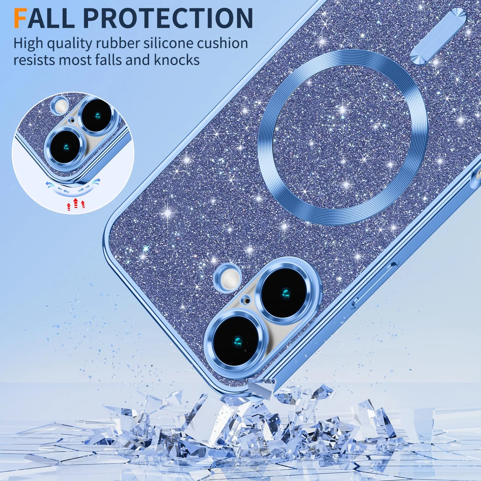 Phoona Etui na iPhone ze sznurkiem, etui z brokatem, kompatybilne z MagSafe, odporne na wstrząsy etui magnetyczne z regulowanym kołnierzem, niebieskie