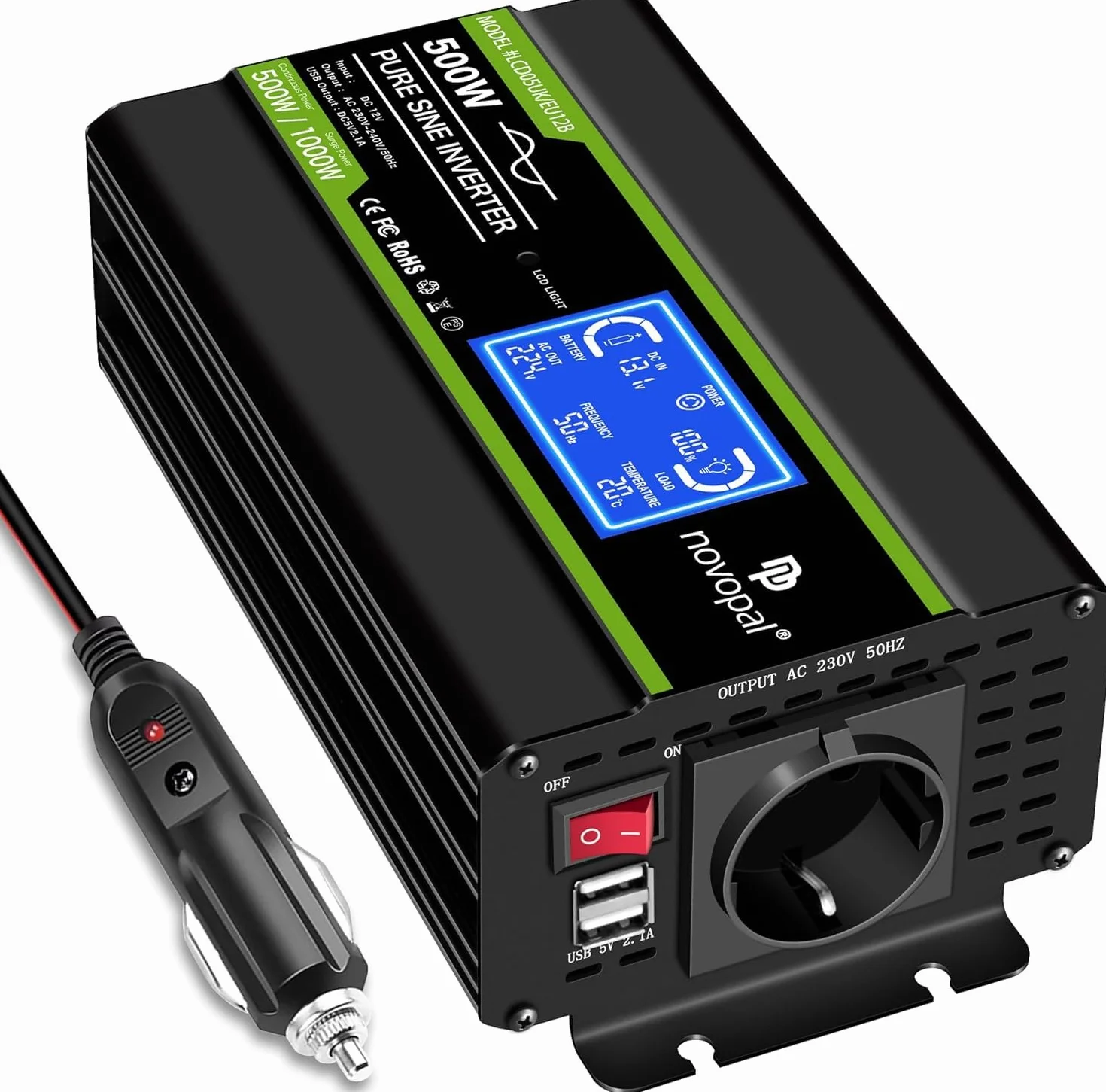 NOVOPAL Falownik 500 W, 12 V na 230 V, 220 V, czysty sinusoidalny przetwornik napięcia | Inteligentny wyświetlacz LCD, wyjście 2 USB, wtyczka UE do samochodów osobowych, przyczep kempingowych, ciężarowych