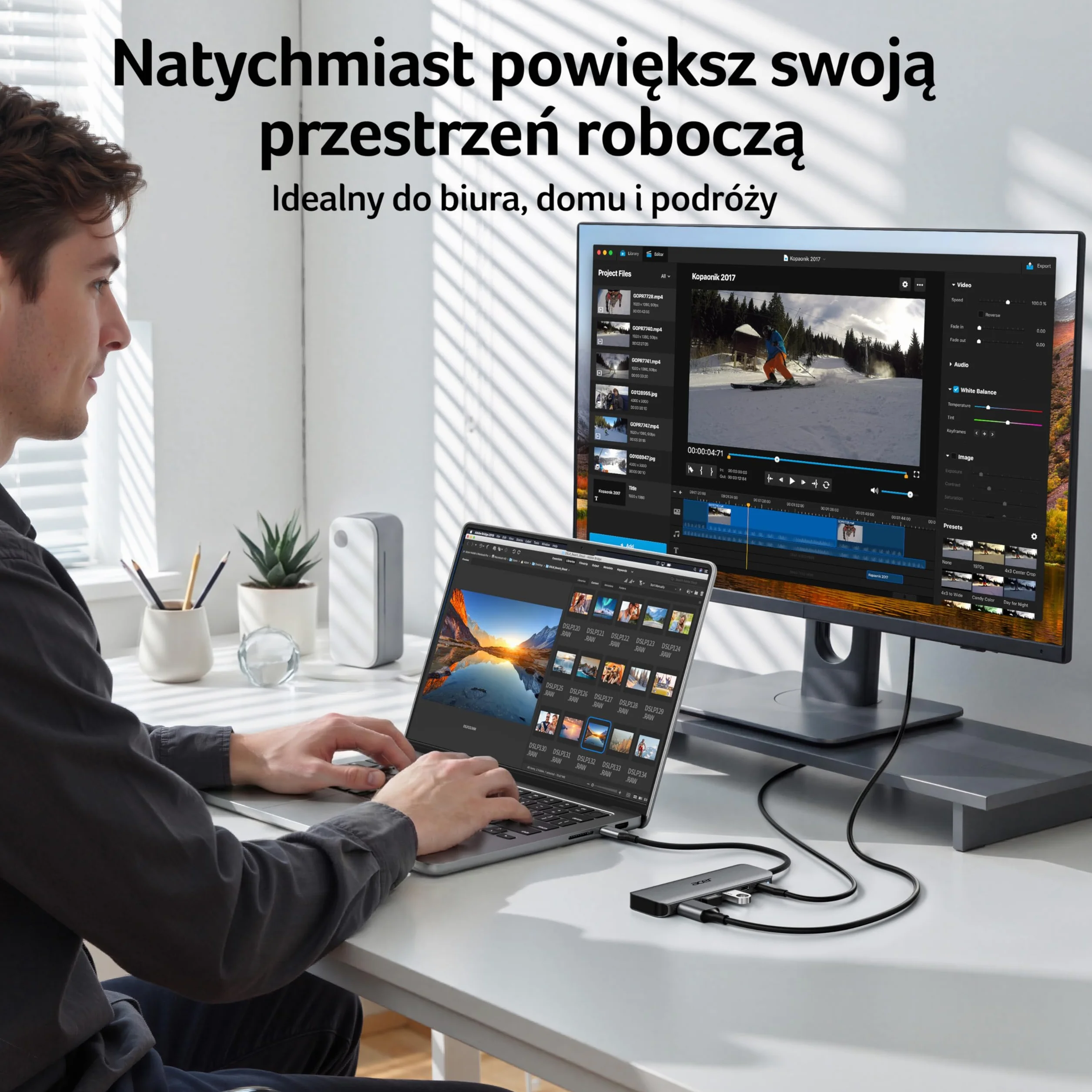 Acer Hub USB-C 5w1, USB-C do HDMI 4K@60Hz, USB-A+C 5Gbps, Ładowania PD 100W | Aluminiowy Rozdzielacz Wieloportowy z Adapterem do Laptopa iPhone 17/16/15, MacBook iPad Pro/Air, Mac mini M4, Surface S26