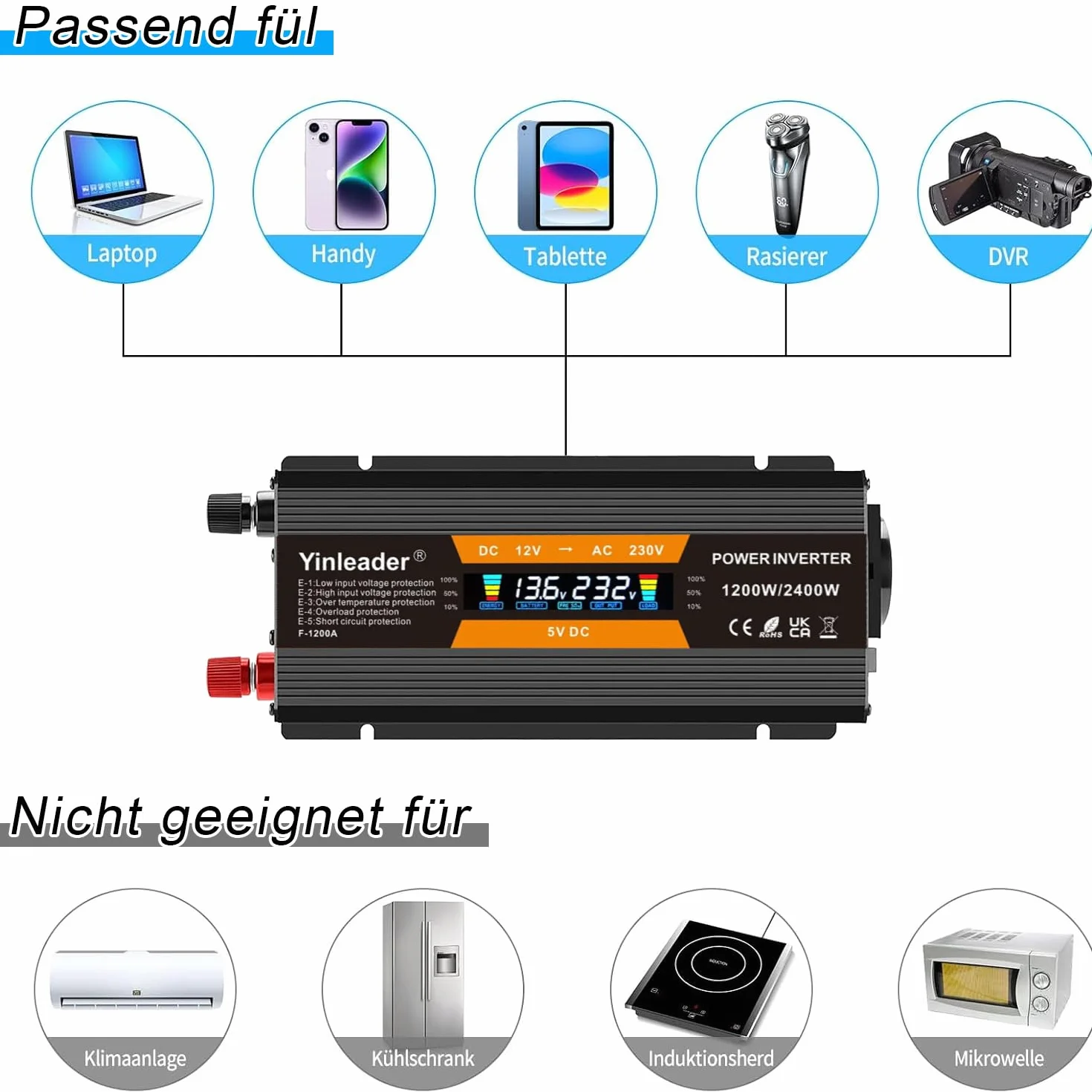 Yinleader Przetwornica napięcia 1200 W/2400 W 12 V 230 V falownik Dual USB Power Inverter z 1 gniazdem i wyświetlaczem LCD, do samochodu, przyczepy kempingowej, łodzi, na kemping, w podróży